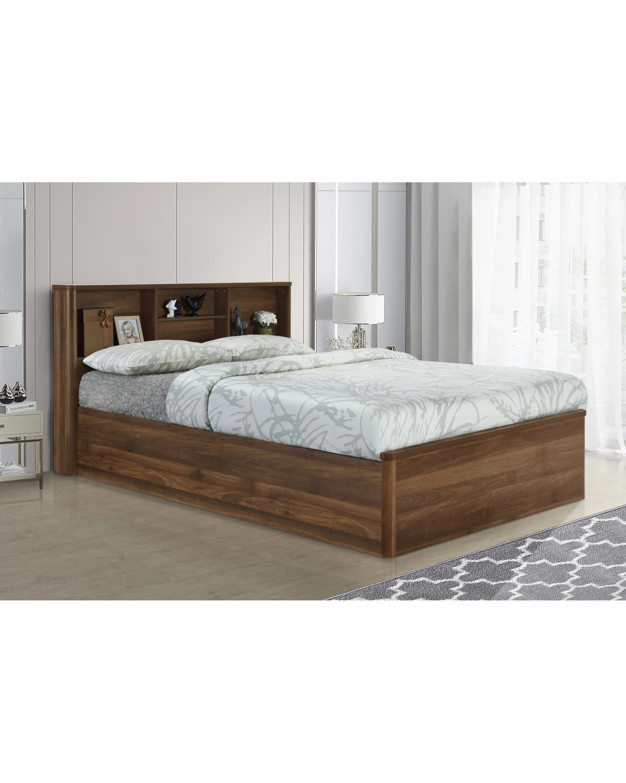 2 Kodu Bed Frame with Open Shelving Storage Queen Size Walnut - Brown, 2 of 7