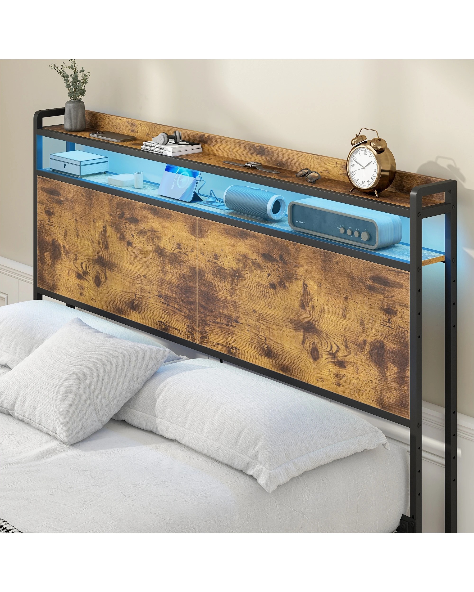 2 Advwin Queen Size Storage Headboard with LED Light Charging Station - Brown, 2 of 5