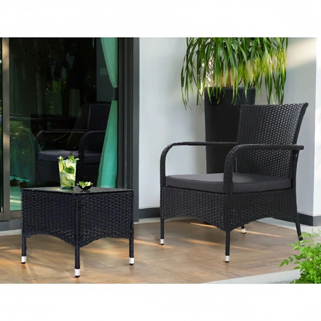 3 Gardeon 3PC Outdoor Bistro Set Patio Furniture Wicker Setting Chairs Table Luca - Black, 3 of 6