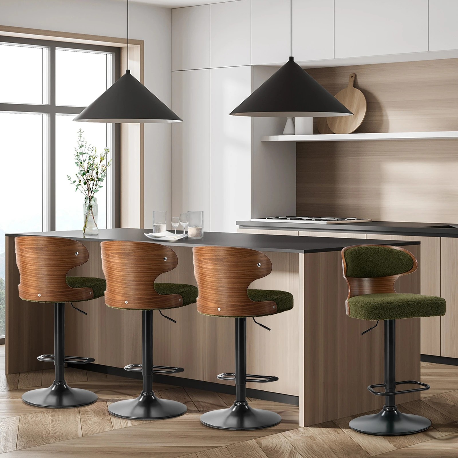 3 Oikiture 4x Bar Stools Kitchen Gas Lift Swivel Chairs Stool - Green, 3 of 9