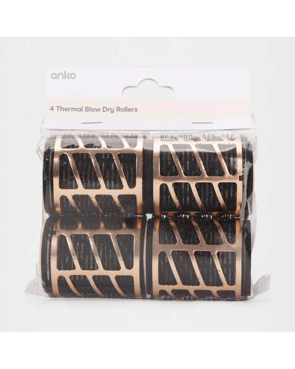 4 Pack Thermal Blow Dry Rollers - Large, Black and Gold Look