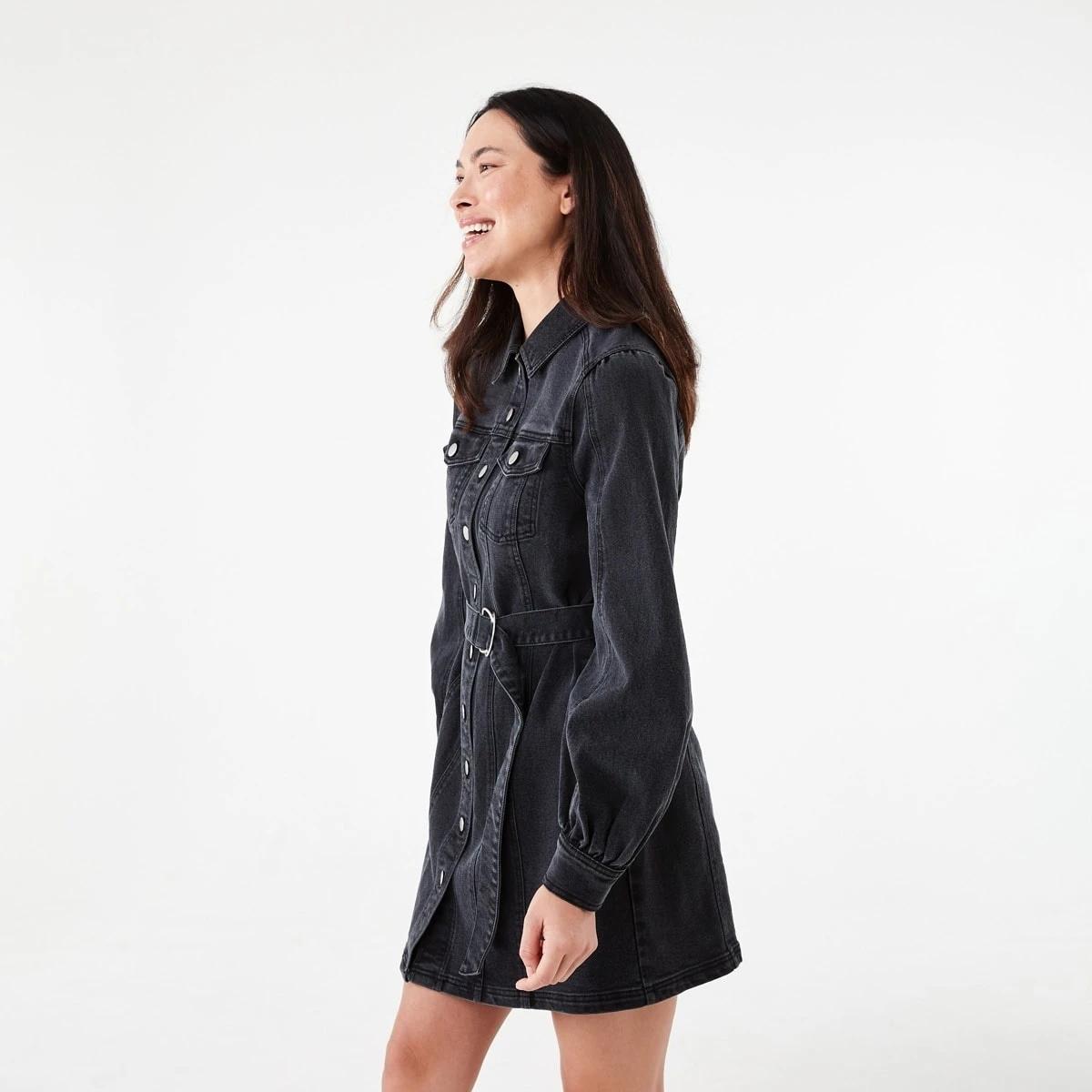 2 Long Sleeve Belted Denim Mini Dress Black Wash, 2 of 9