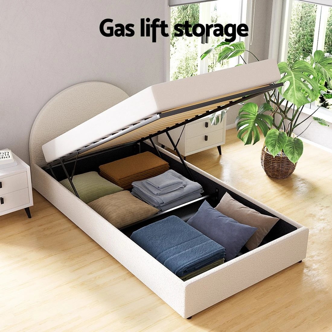 5 Artiss Bed Frame Gas Lift Strorage Beds Base Platform Boucle Fabric King Single ELLA - Beige, 5 of 7