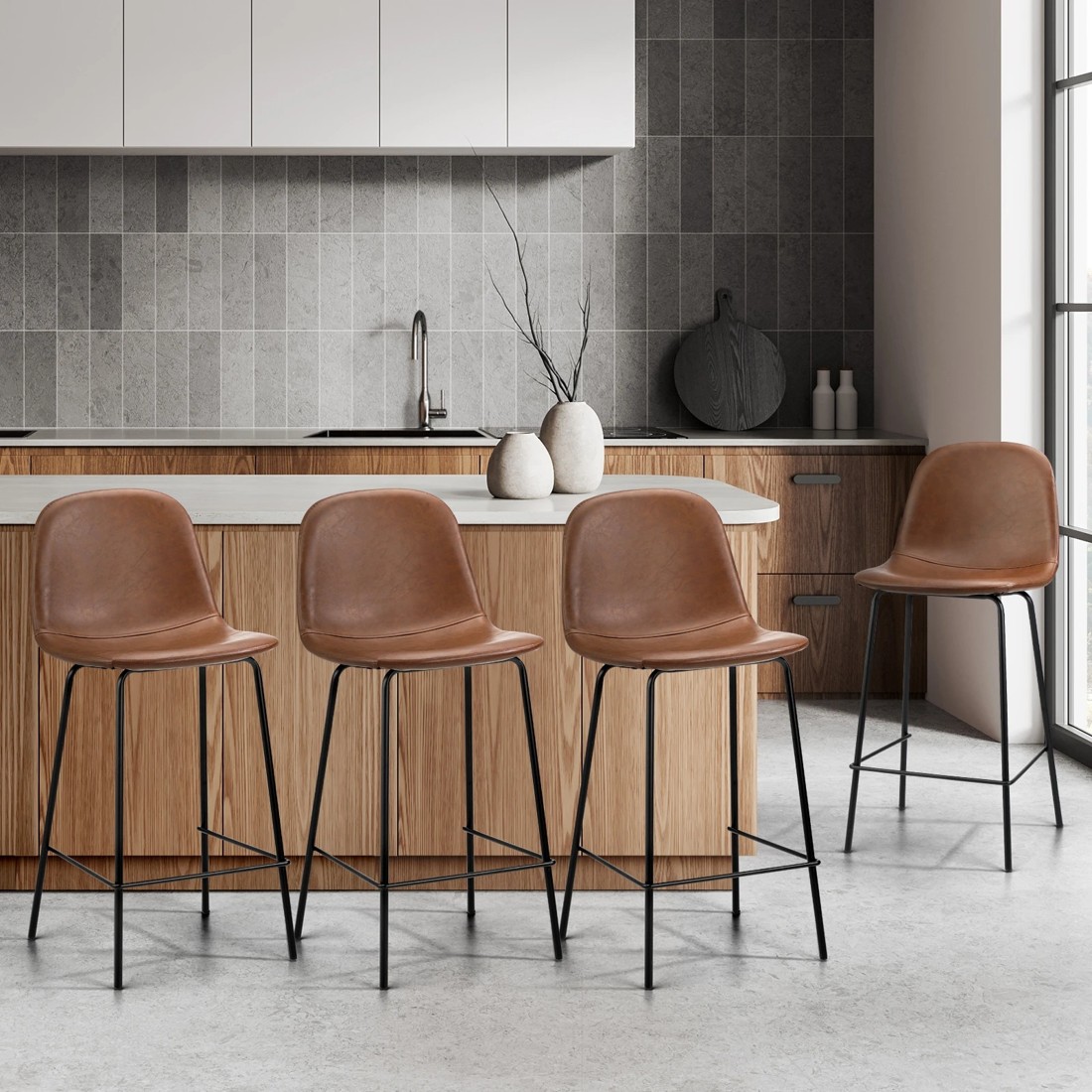 2 Oikiture 4x Bar Stools Kitchen Dining Chair Counter Stool Pu Leather
 - Brown, 2 of 7