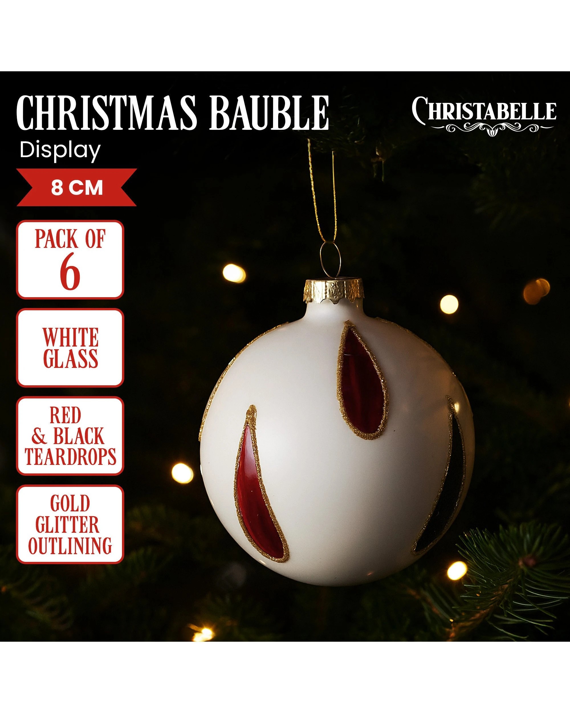 2 Christabelle White Glass Baubles 6-Pack 8cm with Red and Black Teardrop Design - White, 2 of 6