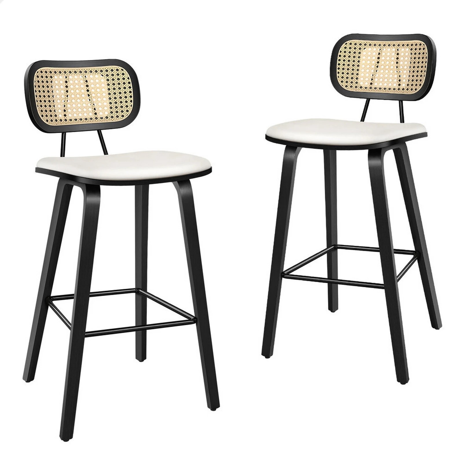 1 Alfordson 2x Bar Stools Kitchen Vintage Leather Seat Rattan Chair - White, 1 of 10
