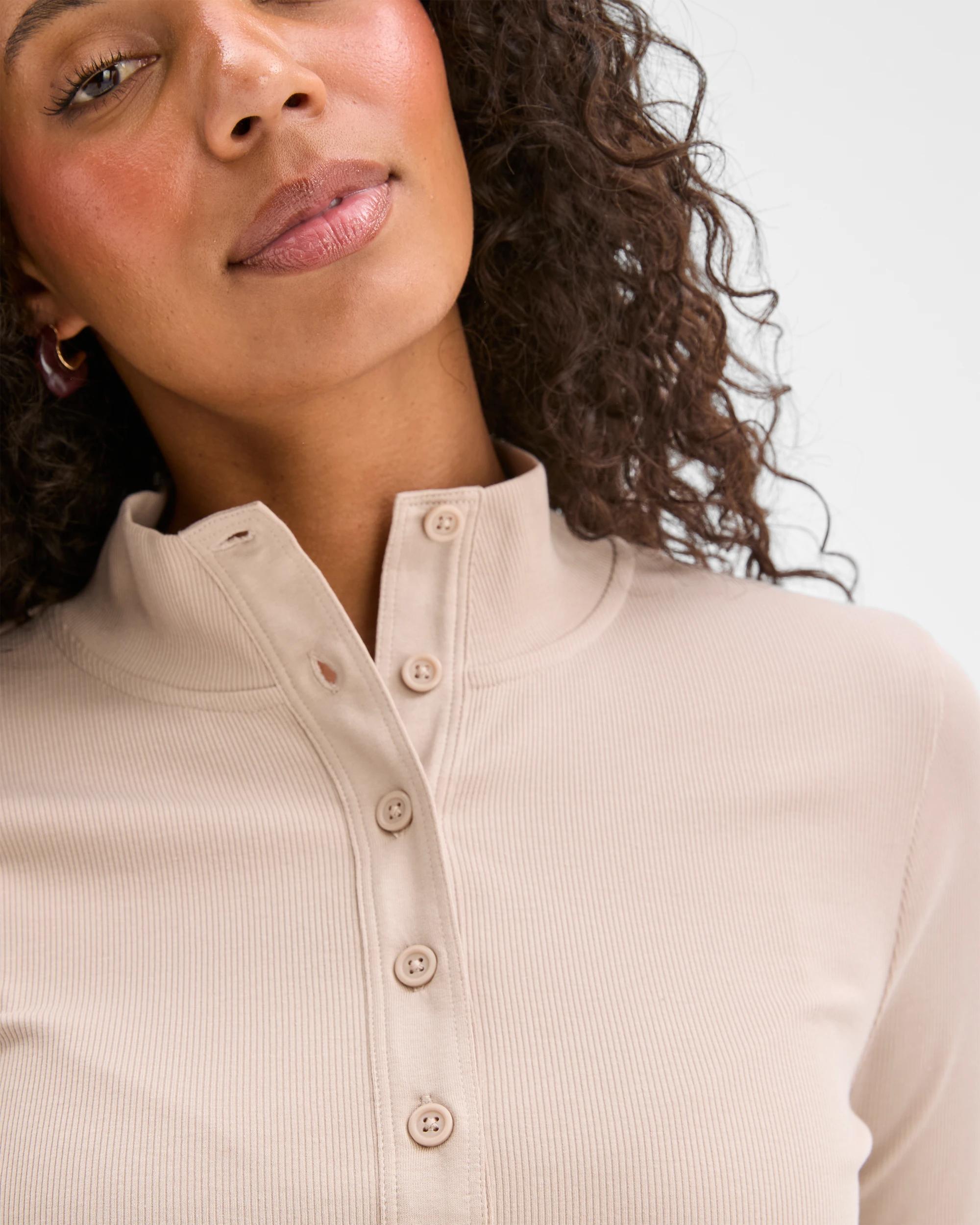 5 Target Woman Australian Cotton Long Sleeve Mock Neck Henley Top DOVE, 5 of 6