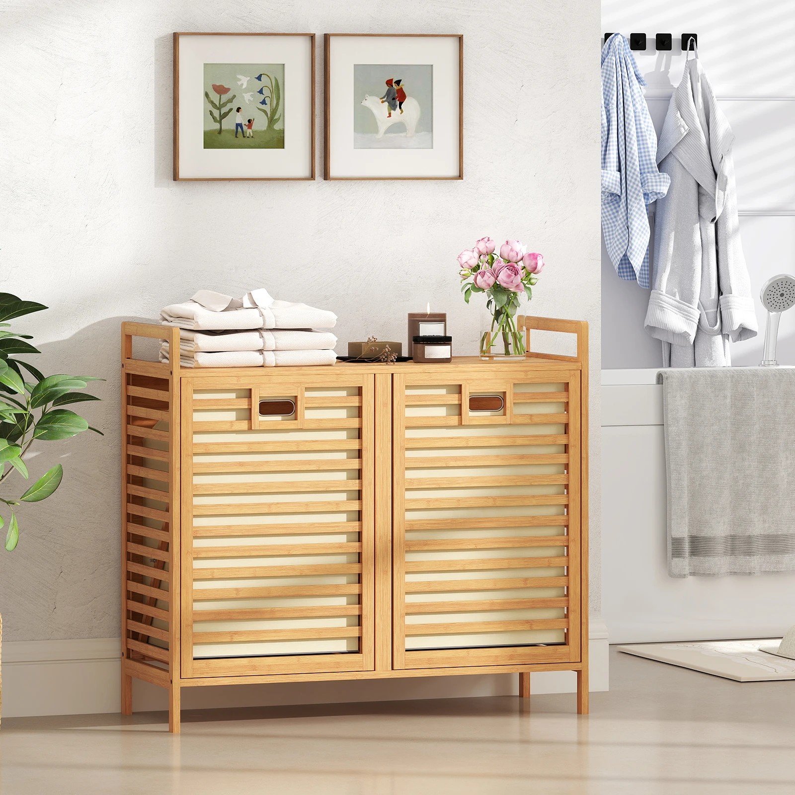 3 Costway 75L Bamboo Laundry Hamper Double Tilt-out Cabinet w/2 Removable Bins - Natural, 3 of 6