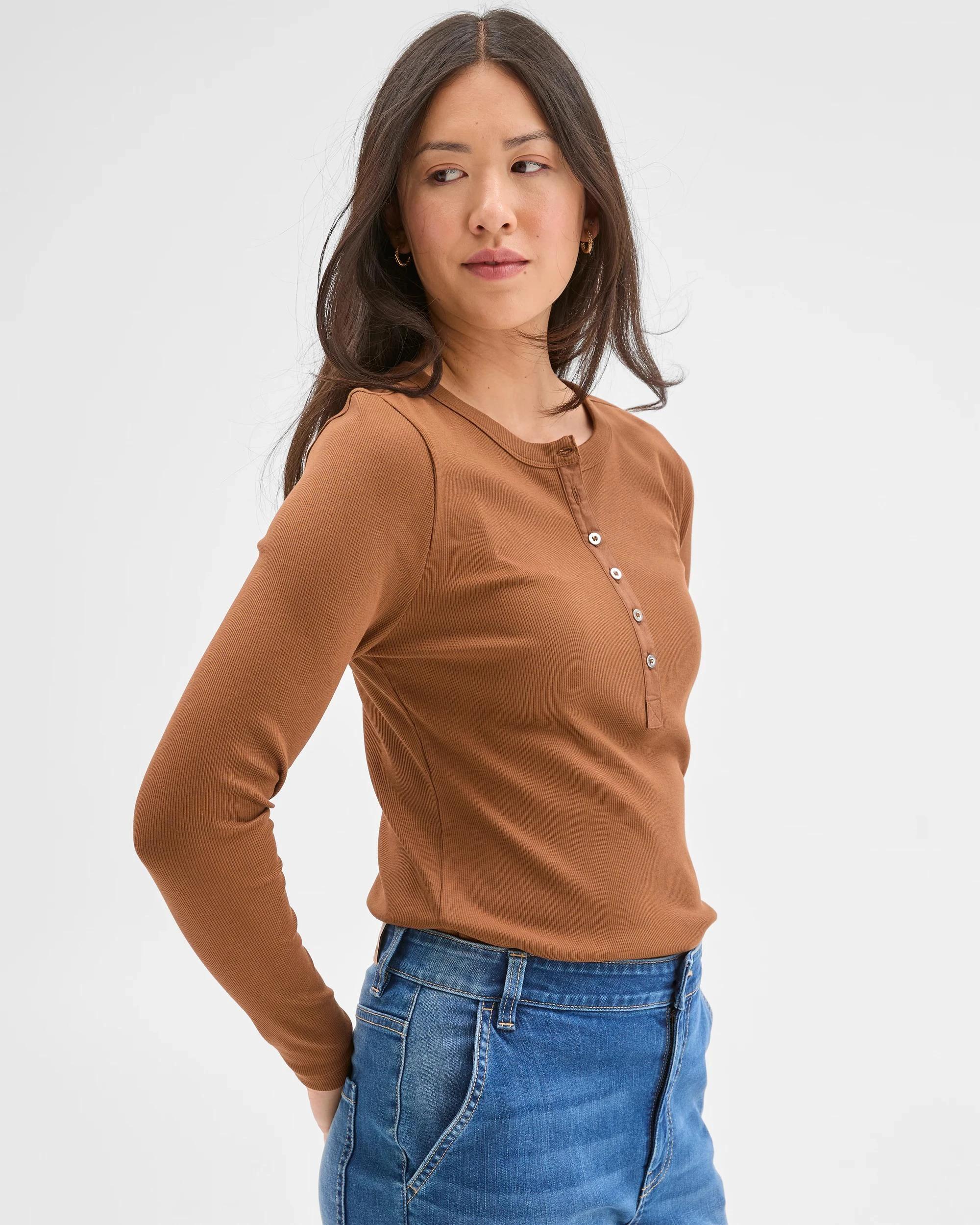 5 Target Woman Australian Cotton Long Sleeve Rib Henley T-Shirt COCONUT SHELL, 5 of 7