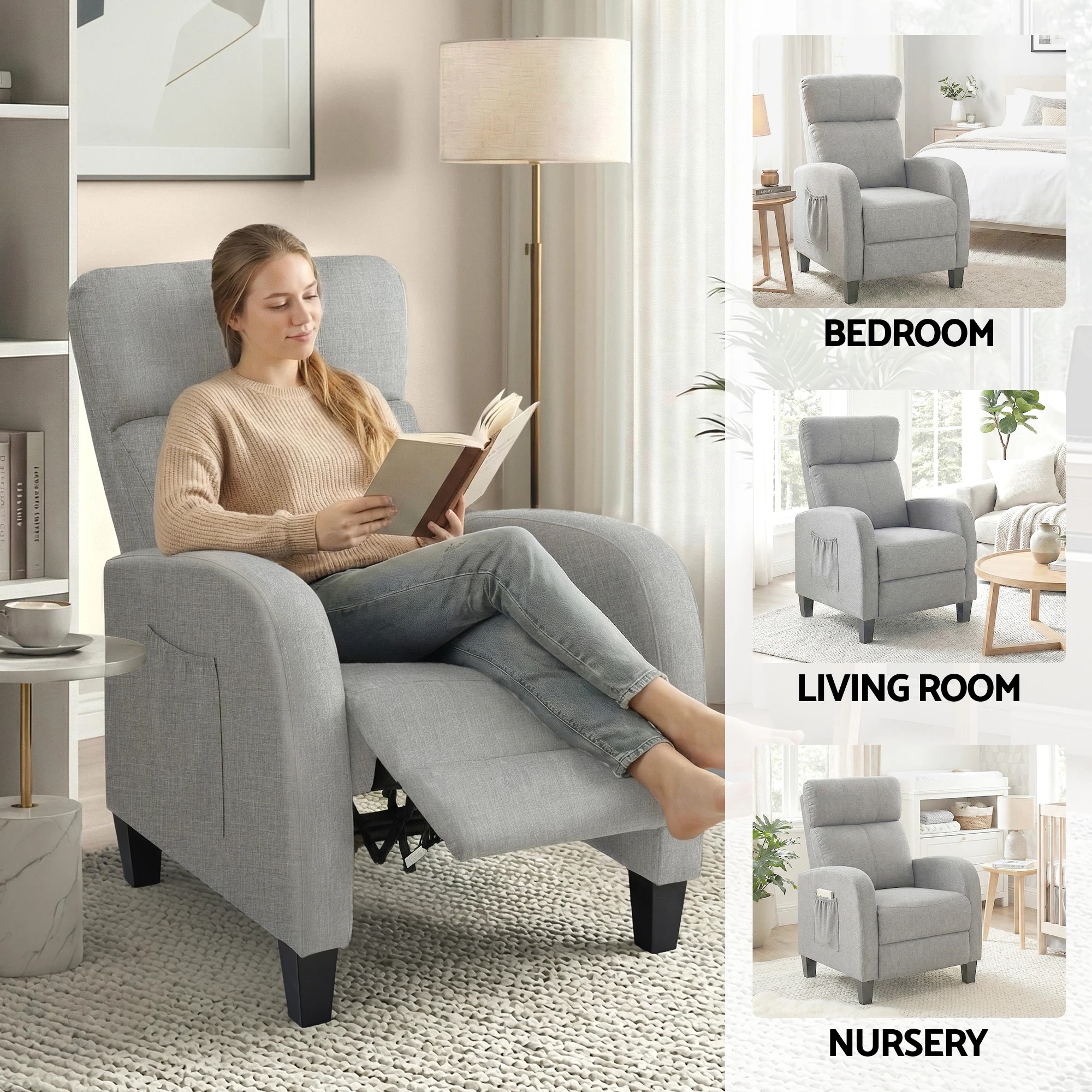 6 Artiss Massage Recliner Chair Small Recliner Sofa for Adults Fabric - Grey, 6 of 6