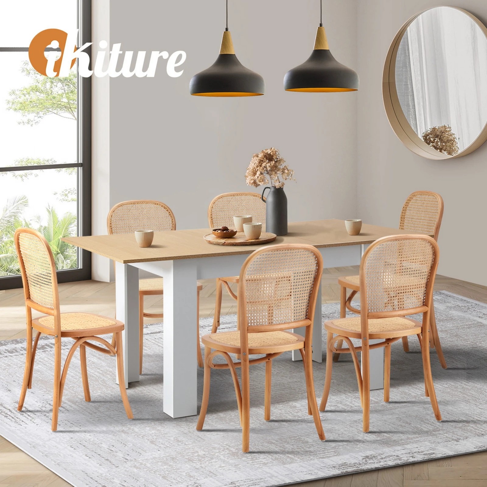 6 Oikiture 160cm Extendable Dining Table with 6PCS Dining Chairs Rattan - Natural, 6 of 9