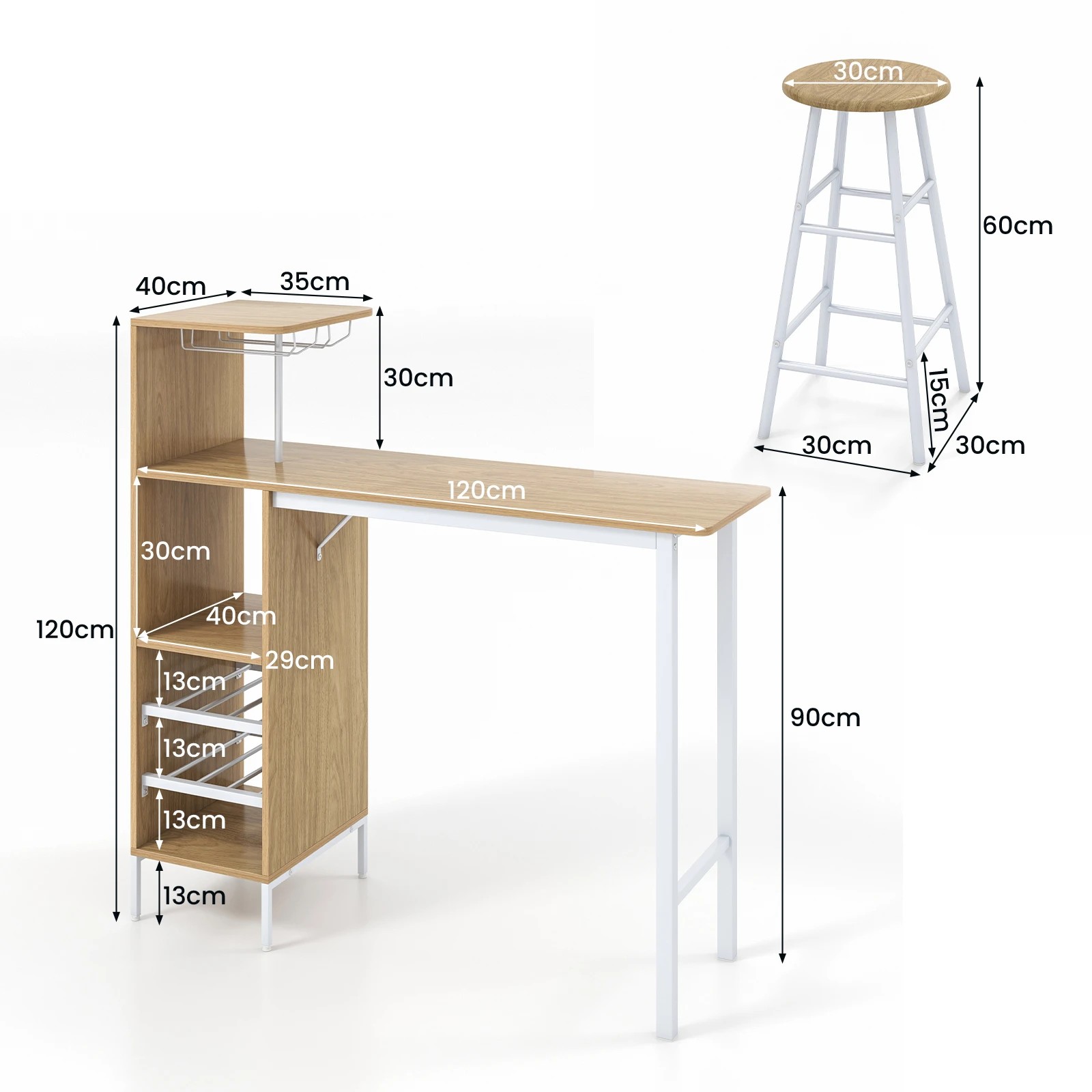 3 Costway 3PCS Bar Table Stool Set 120cm Dining Table Set w/Glass Holders & Wine Rack, 3 of 6