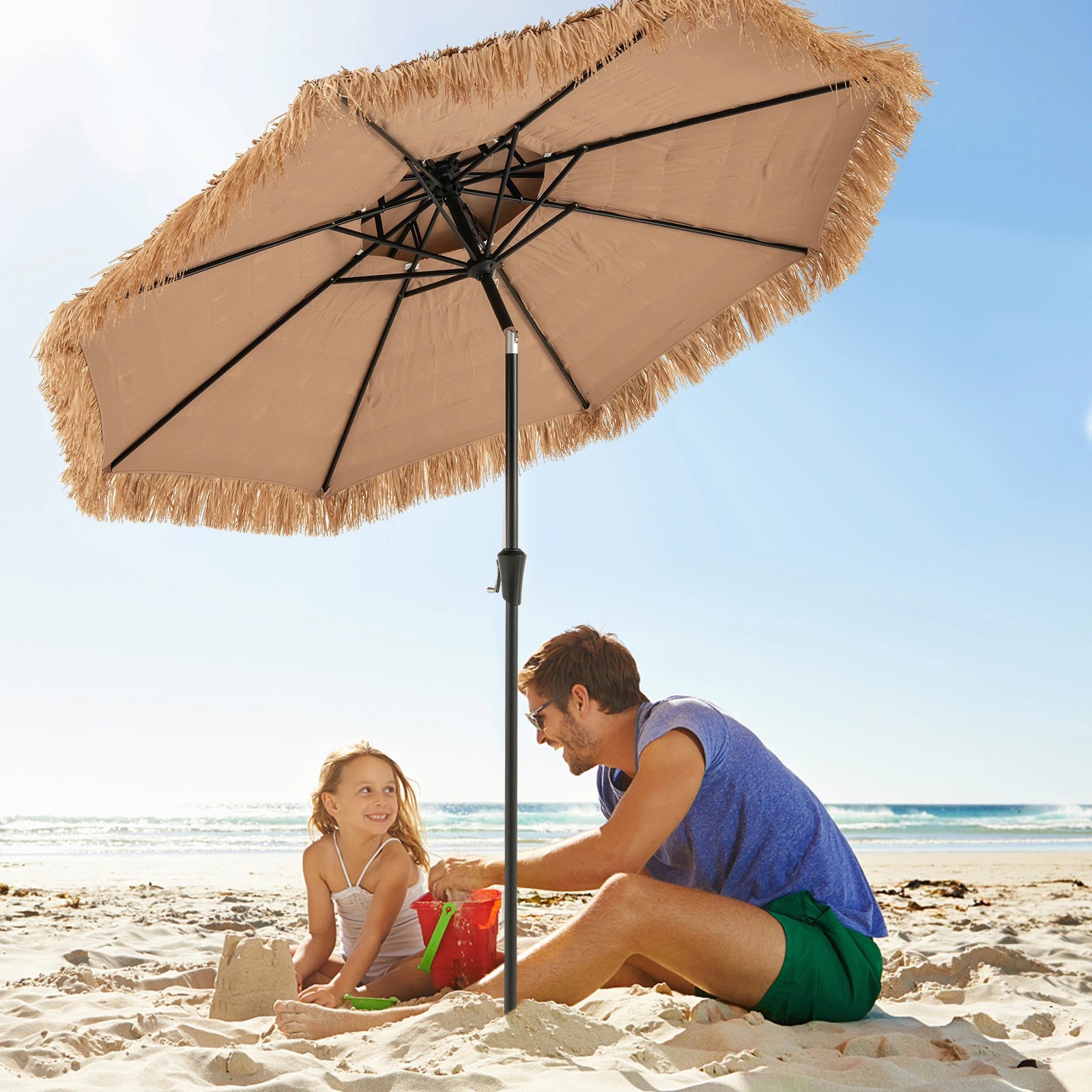 2 Costway 2.7M Hawaiian Beach Umbrella Tilting Outdoor Parasol Fringed Sun Shade Shelter, 2 of 2