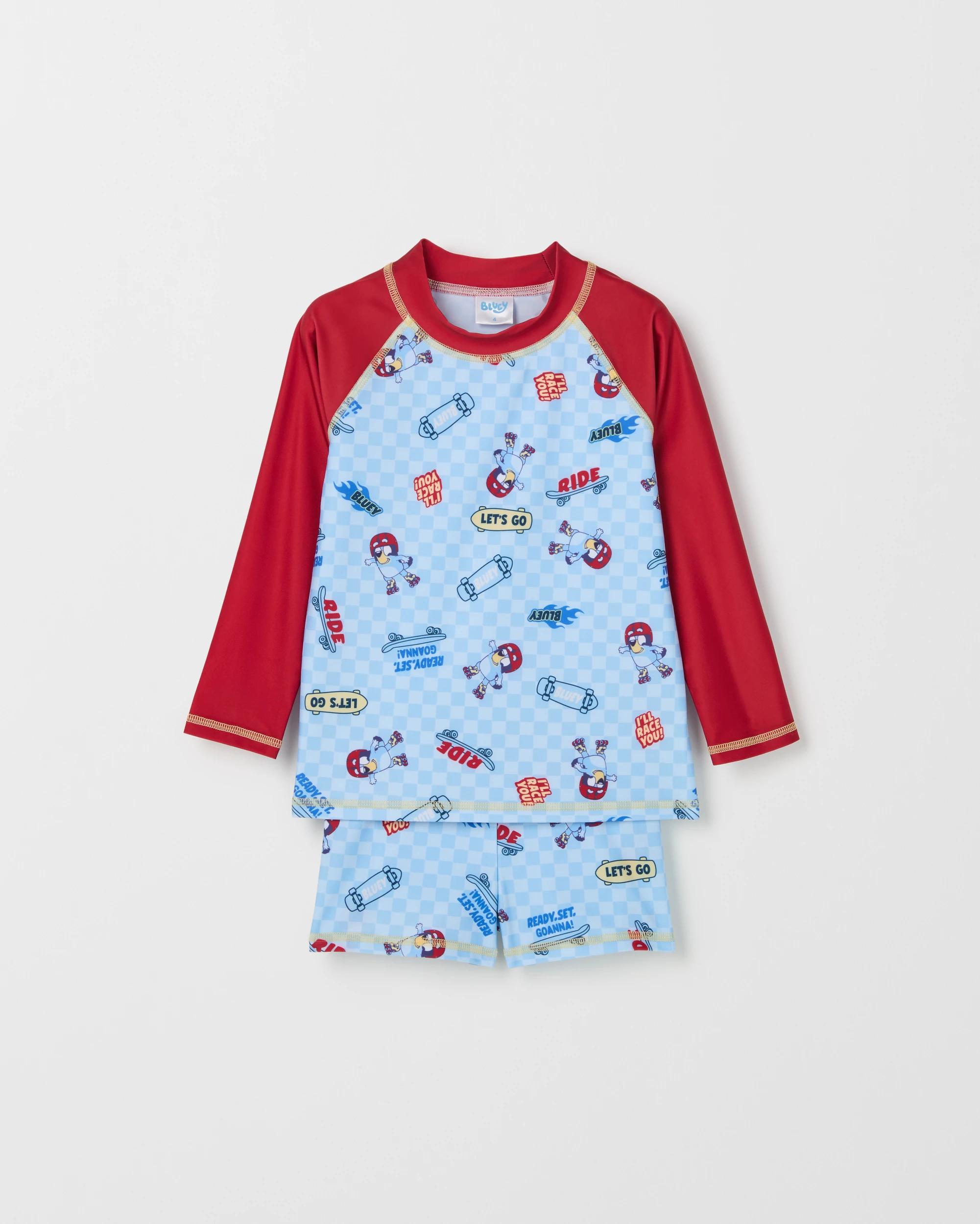 1 Bluey Long Sleeve Rash Vest and Trunks Swim Set RED + BLUE, 1 of 3