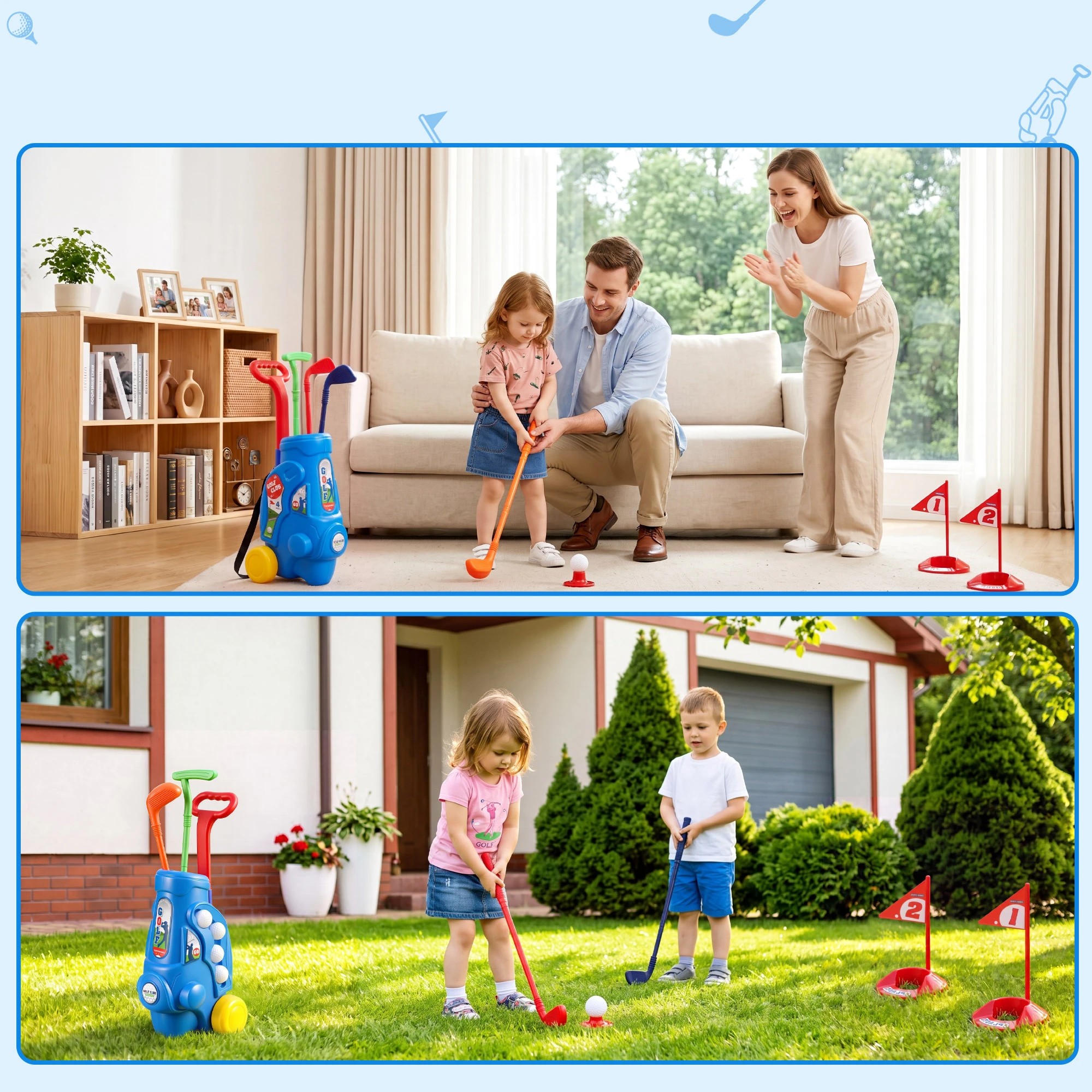 8 Keezi Kids Golf Set with Pull Cart 4 Clubs 4 Balls Indoor Outdoor Mini Golf Game Toy Ages 2-6 - Blue, 8 of 8