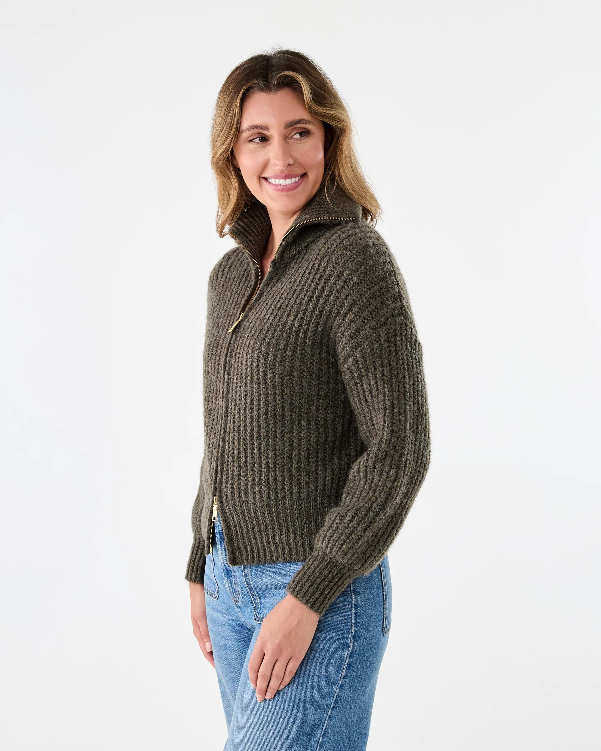 3 Fisherman Rib Knit Bomber Deep Olive, 3 of 8