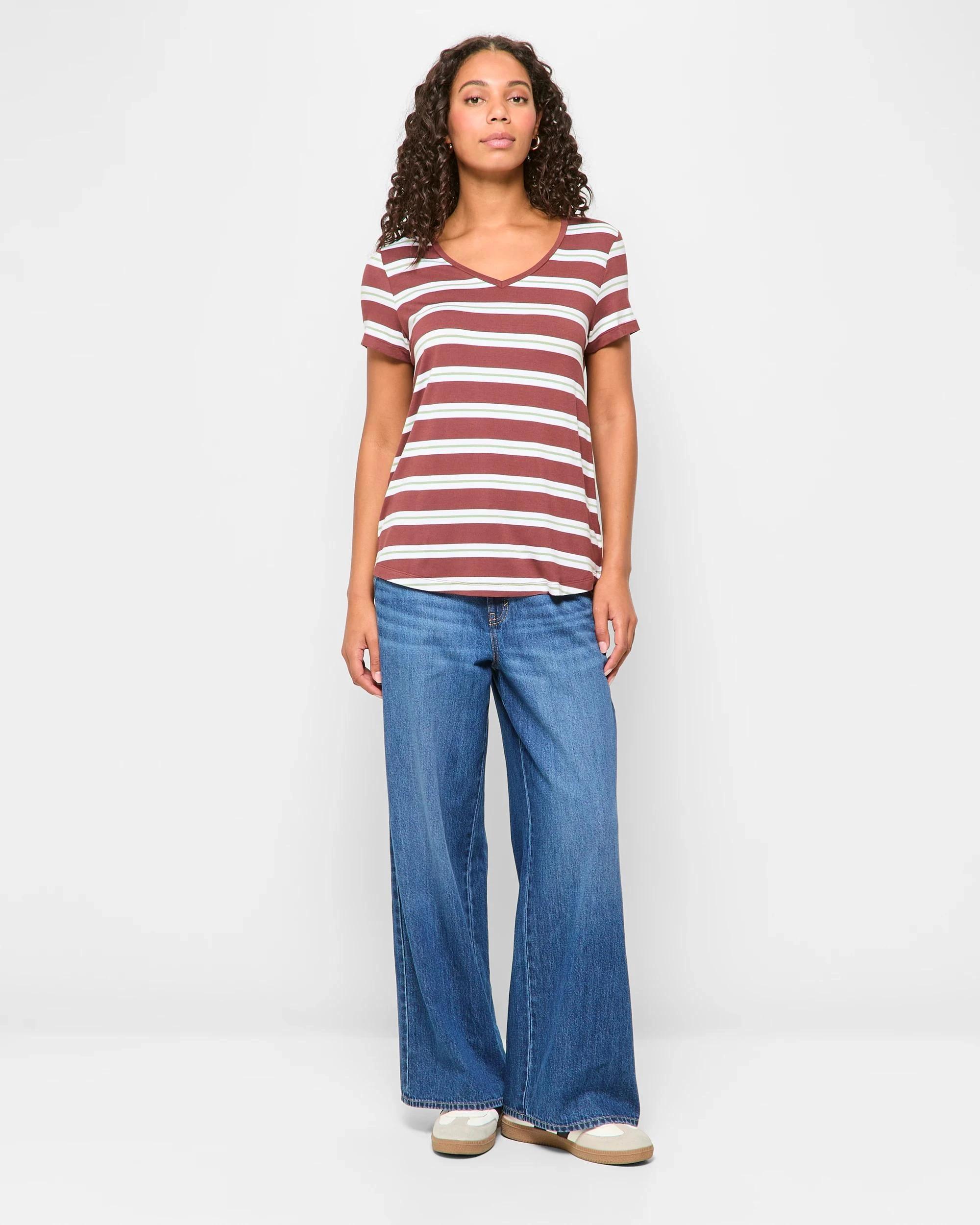 2 Target Woman Short Sleeve V-Neck T-Shirt REDWOOD STRIPE, 2 of 5