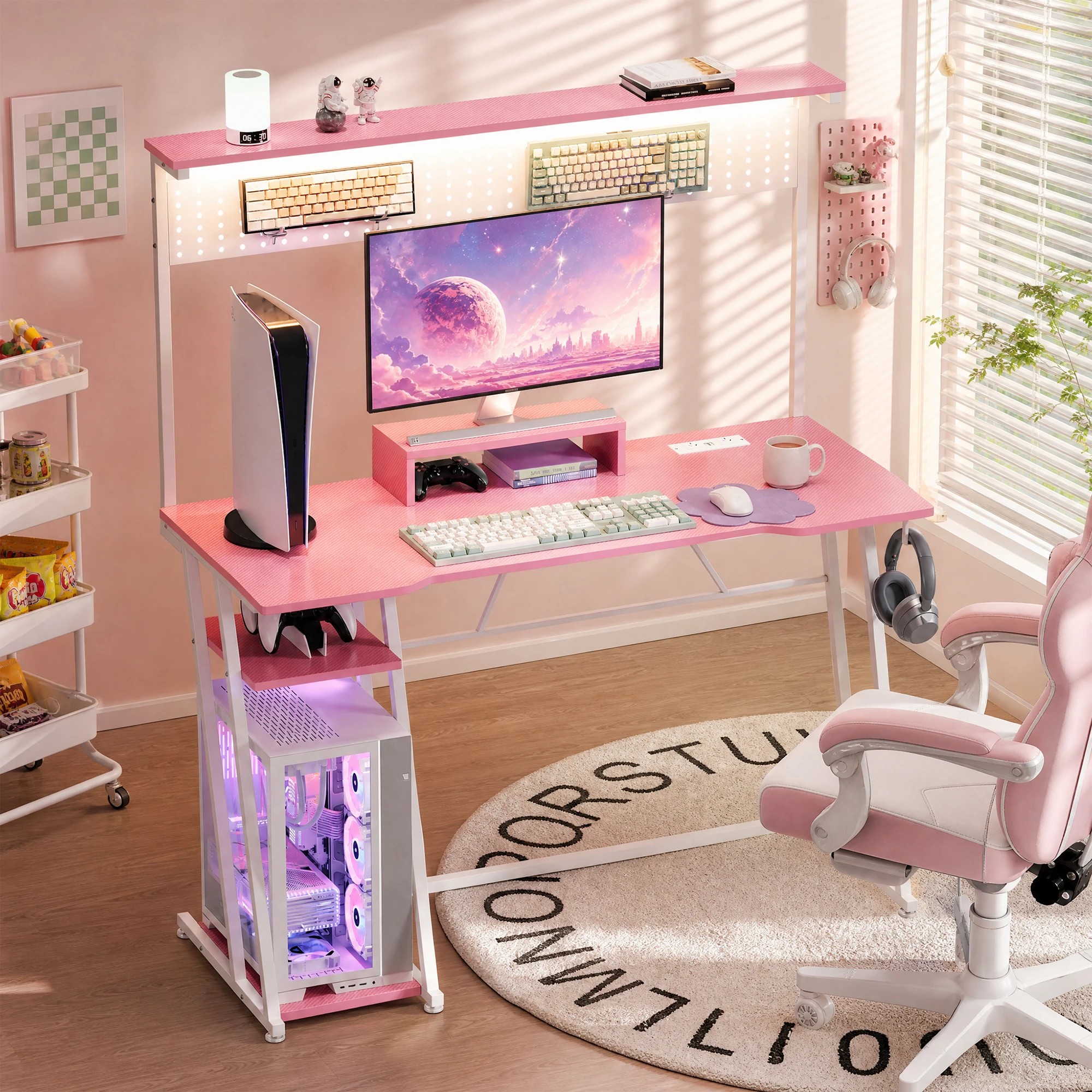 5 Advwin 120cm LED Gaming Desk w/ Power Outlets Reversible Carbon Fiber w/ Shelf hook & Pegboard - Pink, 5 of 8