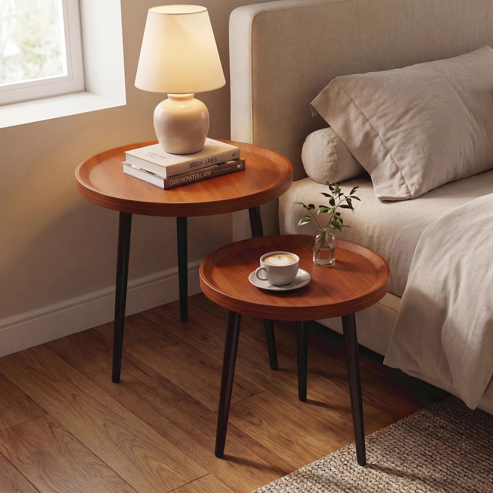 4 Advwin Nesting Coffee Tables Set of 2 Convertible w/ Raised Edge - Walnut, 4 of 7