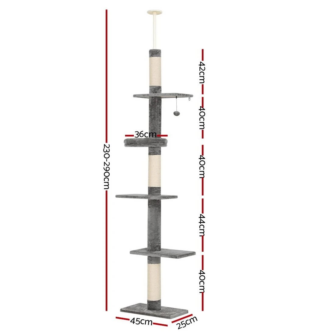 2 i.Pet Cat Tree 290cm Tower Scratching Post Scratcher Floor to Ceiling Cats Bed
 - grey, 2 of 3
