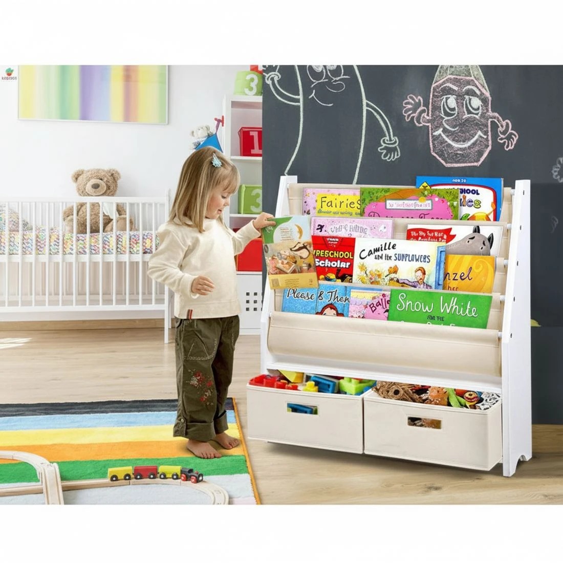 6 Keezi 4 Tiers Kids Bookshelf Magazine Rack Children Bookcase Organiser Drawer Kids Bookshelf Organizer - White, 6 of 10