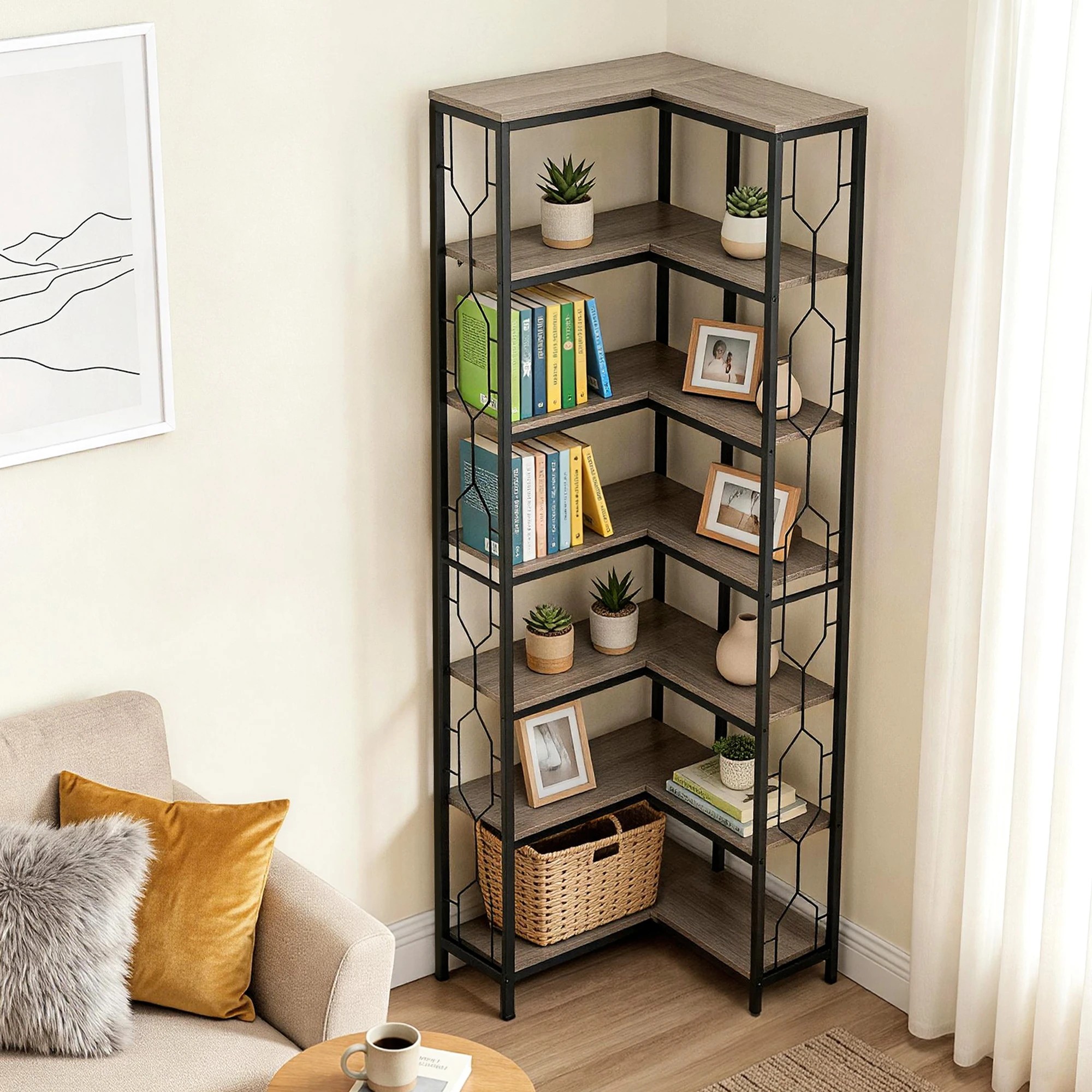 5 Artiss 6 Tiers Bookshelf Corner Shelf Bookcase Display Shelves Oak - Brown, 5 of 9
