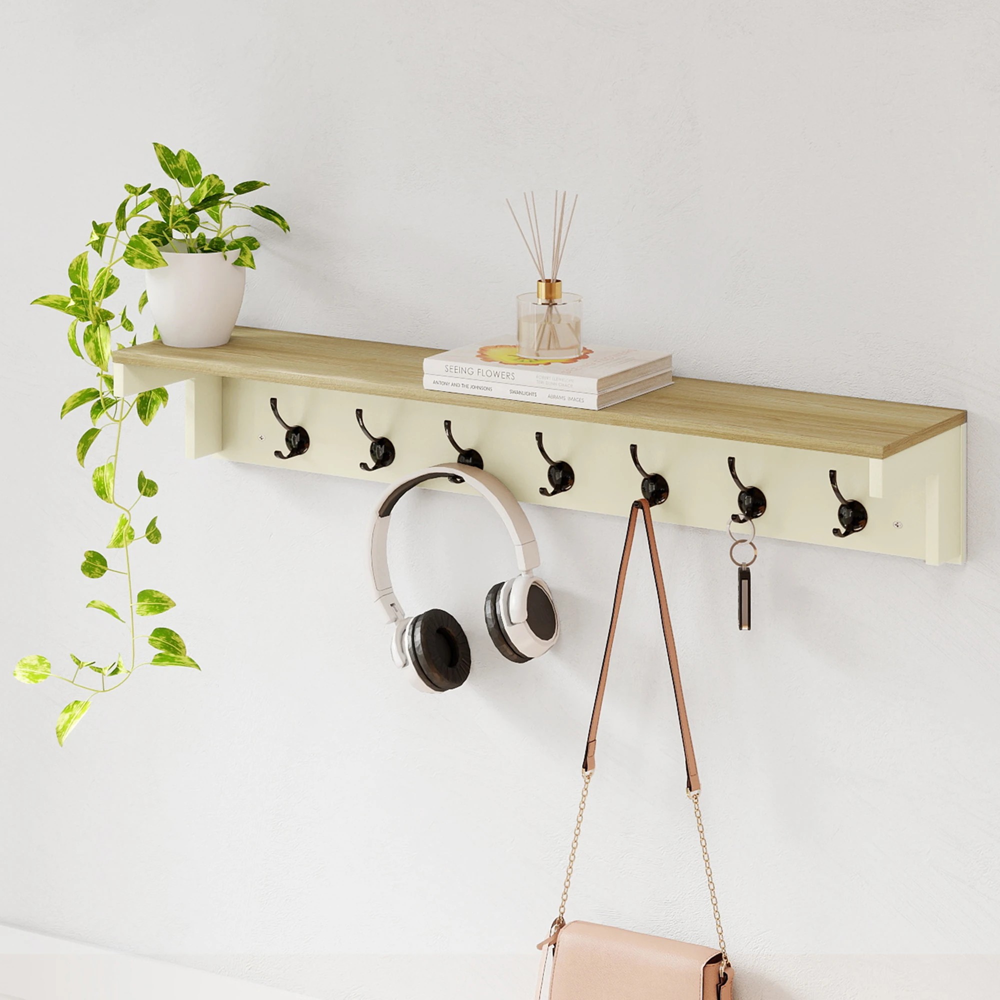 7 Levede Coat Rack Wall Mounted Shelf 7 Double Hooks Cream, 7 of 9