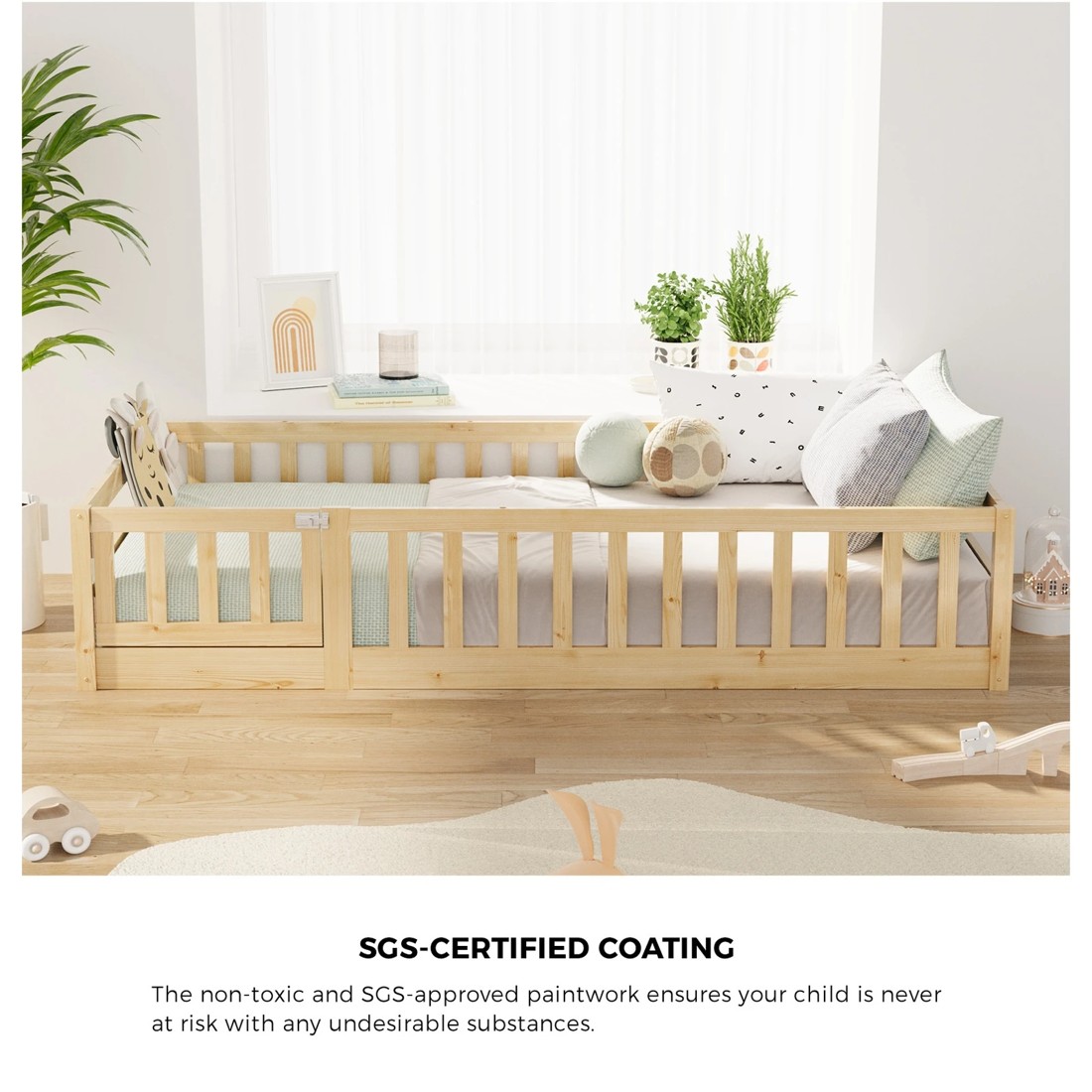 4 Oikiture Single Kids Bed Frame with Gate Fence Wood - Natural, 4 of 10