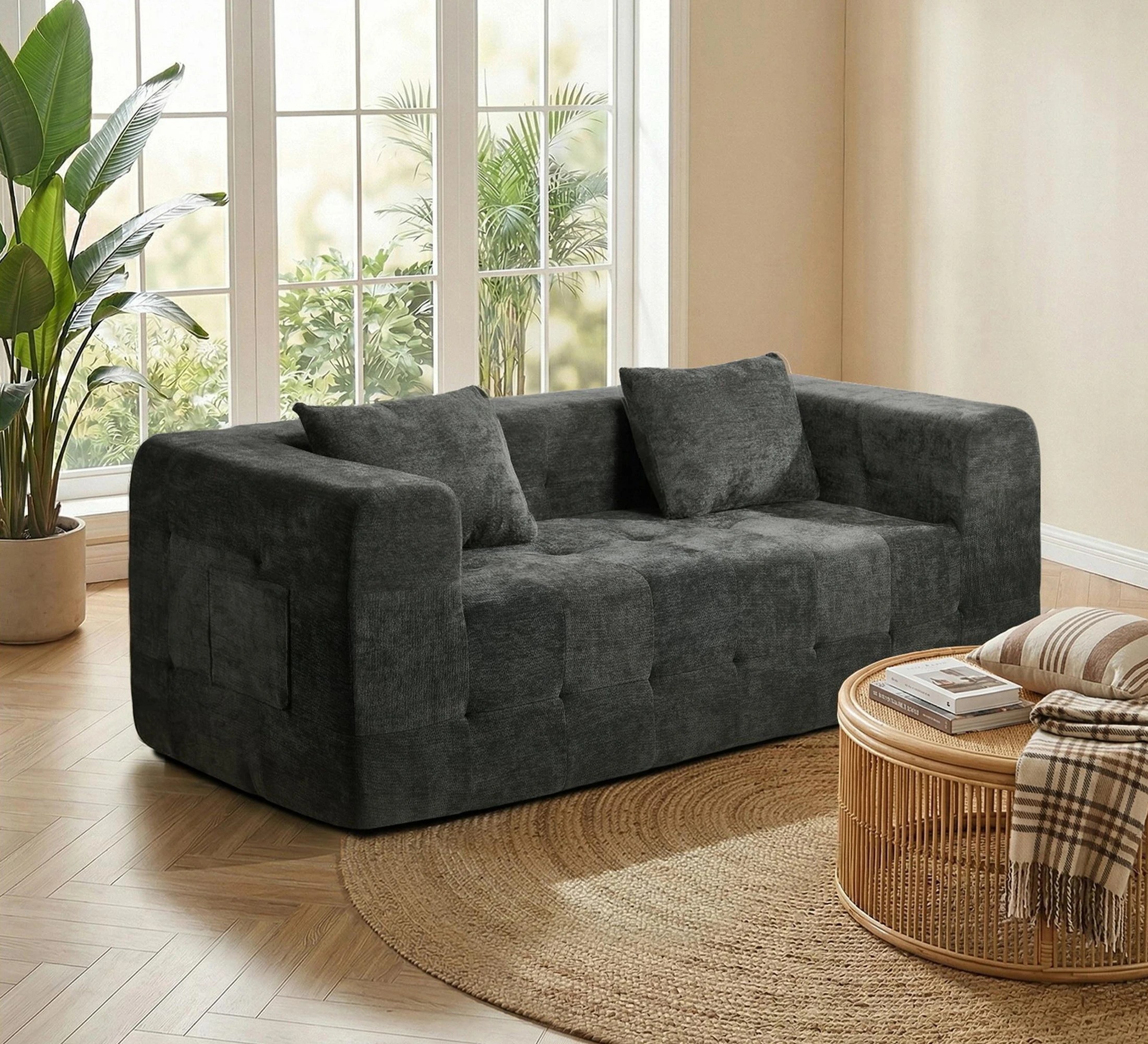 4 Oikiture Compressed Sofa in a Box Button Tufting Chenille - Grey, 4 of 5