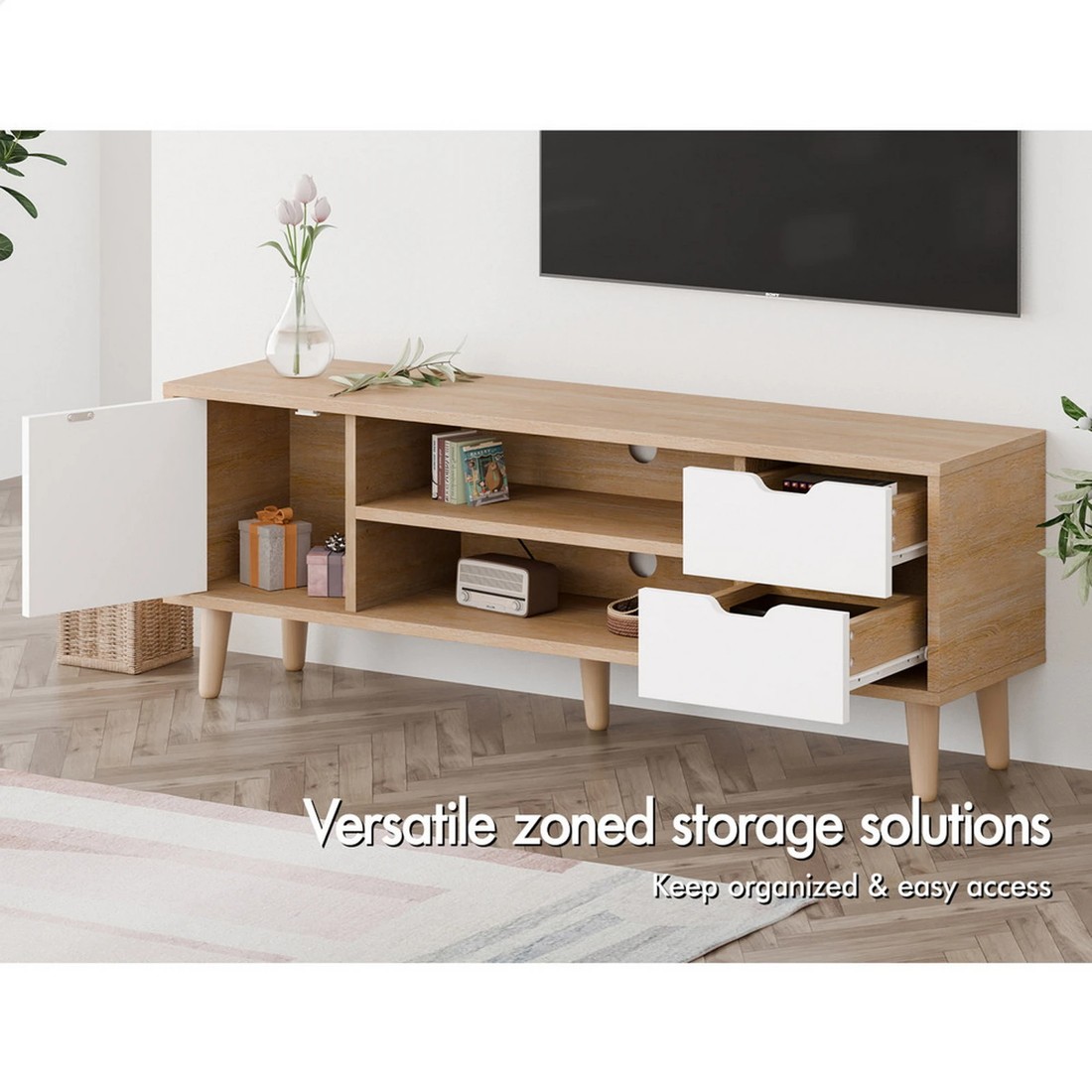 3 Alfordson Entertainment Unit 120cm TV Cabinet Stand Storage Drawer - Oak, 3 of 10