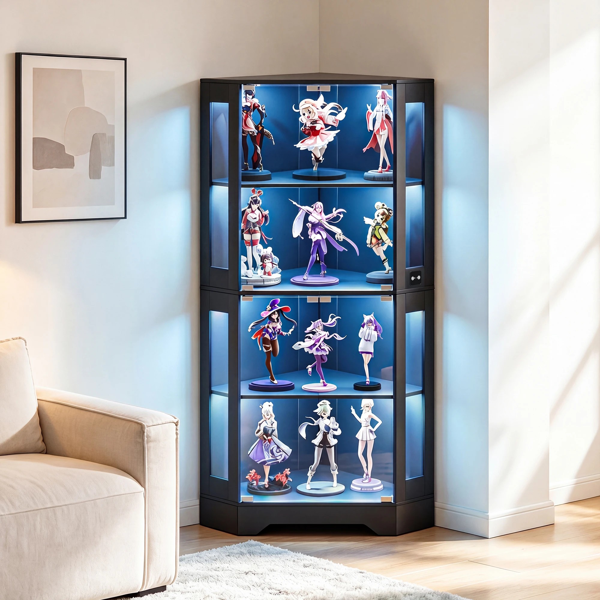 4 Advwin 4-Tier Corner Display Cabinet LED Glass Showcase Display Case - Black, 4 of 7