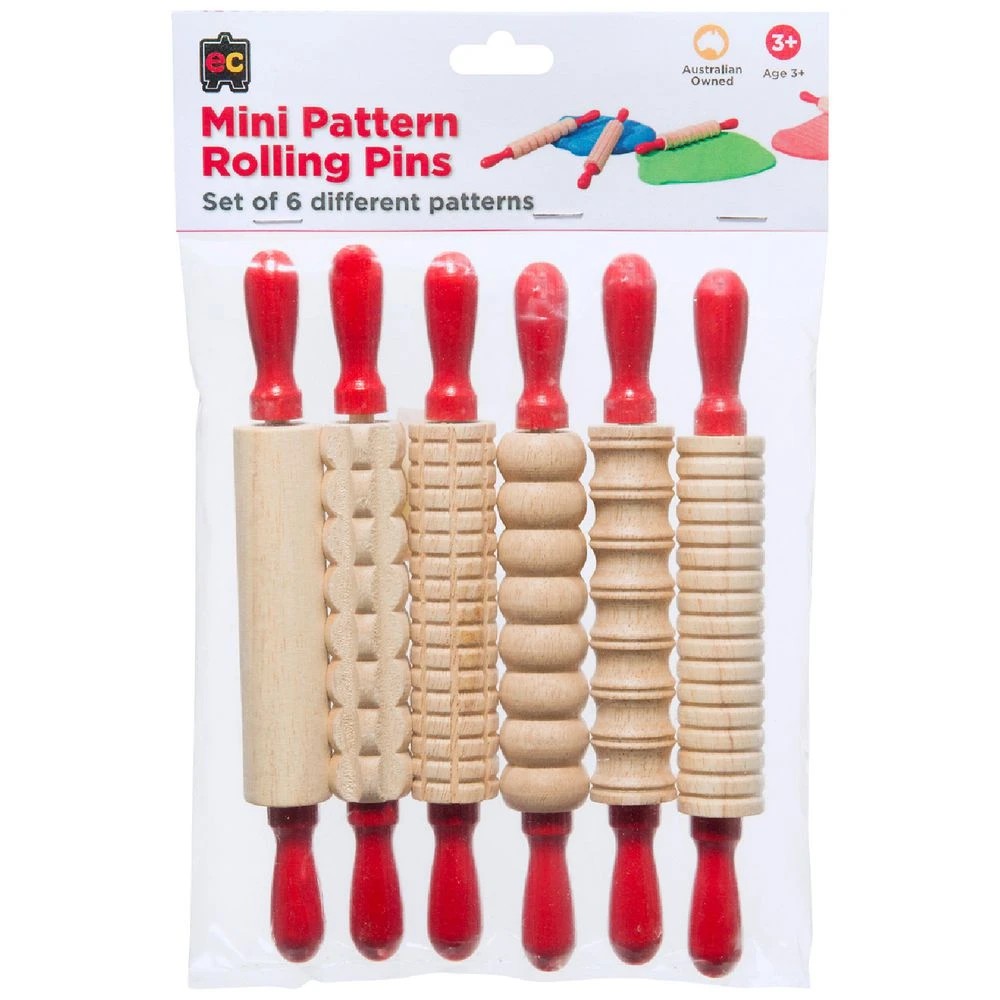 1 Educational Colours Mini Wooden Rolling Pin Patterned 6 Pack, 1 of 2