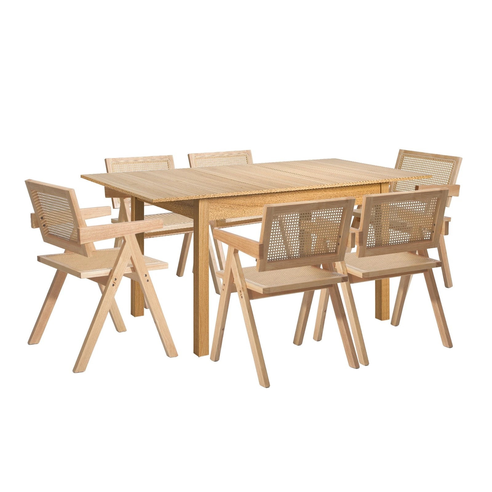 1 Oikiture 7pc Extenable Dining Table and Chairs Wooden Dining Set Ratten - Natural, 1 of 10