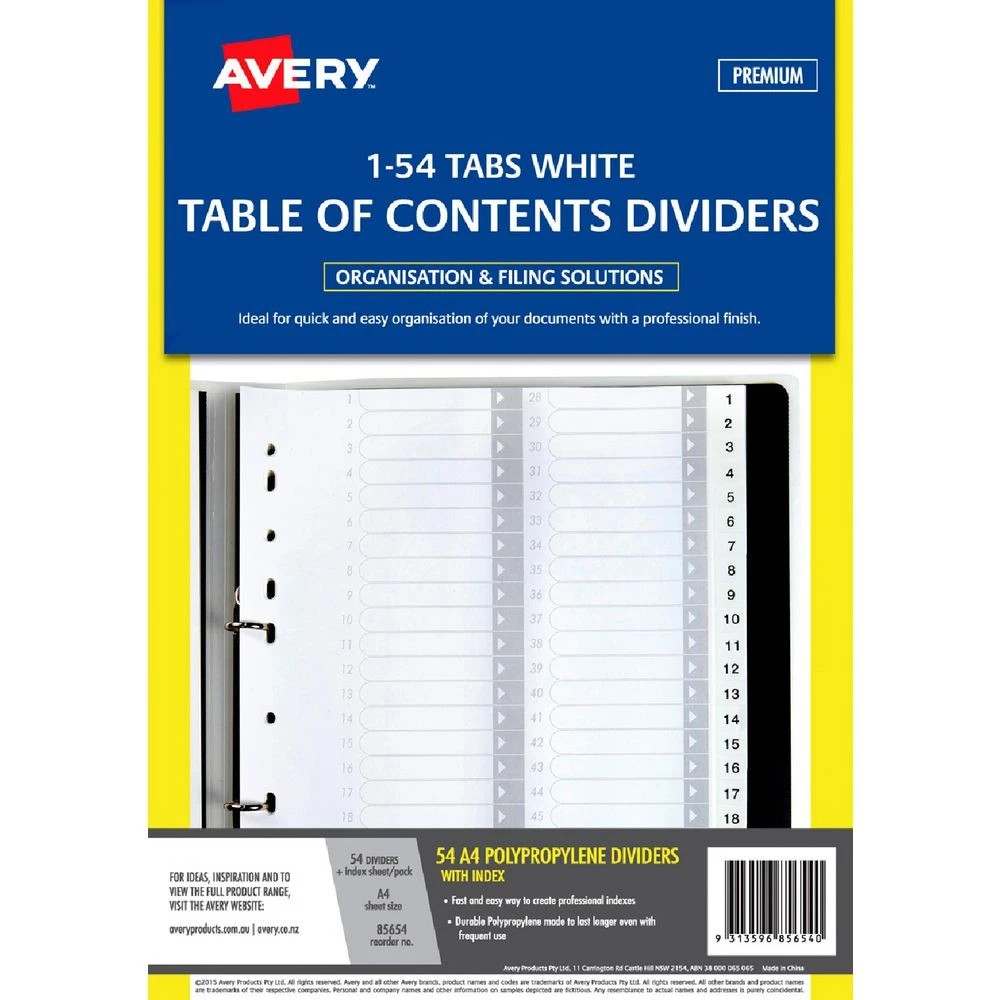 1 Avery Polypropylene A4 Printed Tabs Dividers 1 -54 White, 1 of 2
