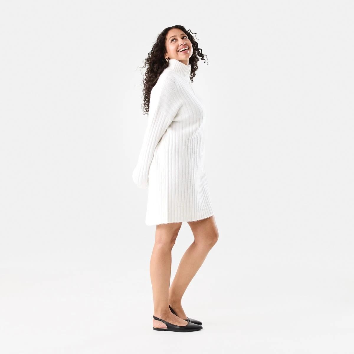 2 Long Sleeve Half Zip True Knit Mini Dress Ecru, 2 of 8