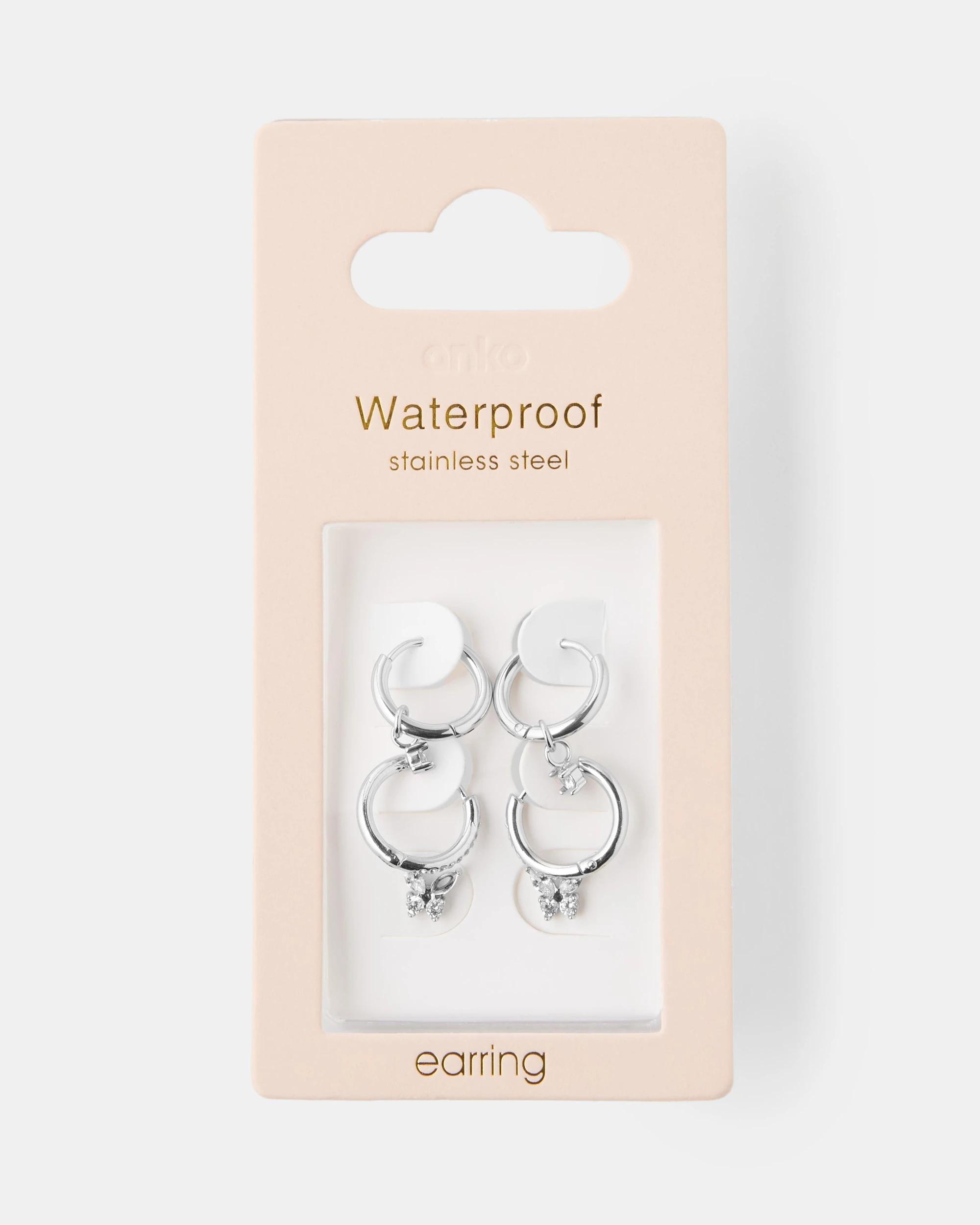3 3 Pack Waterproof Stainless Steel Butterfly Earrings - Silver Tone Silver, 3 of 3