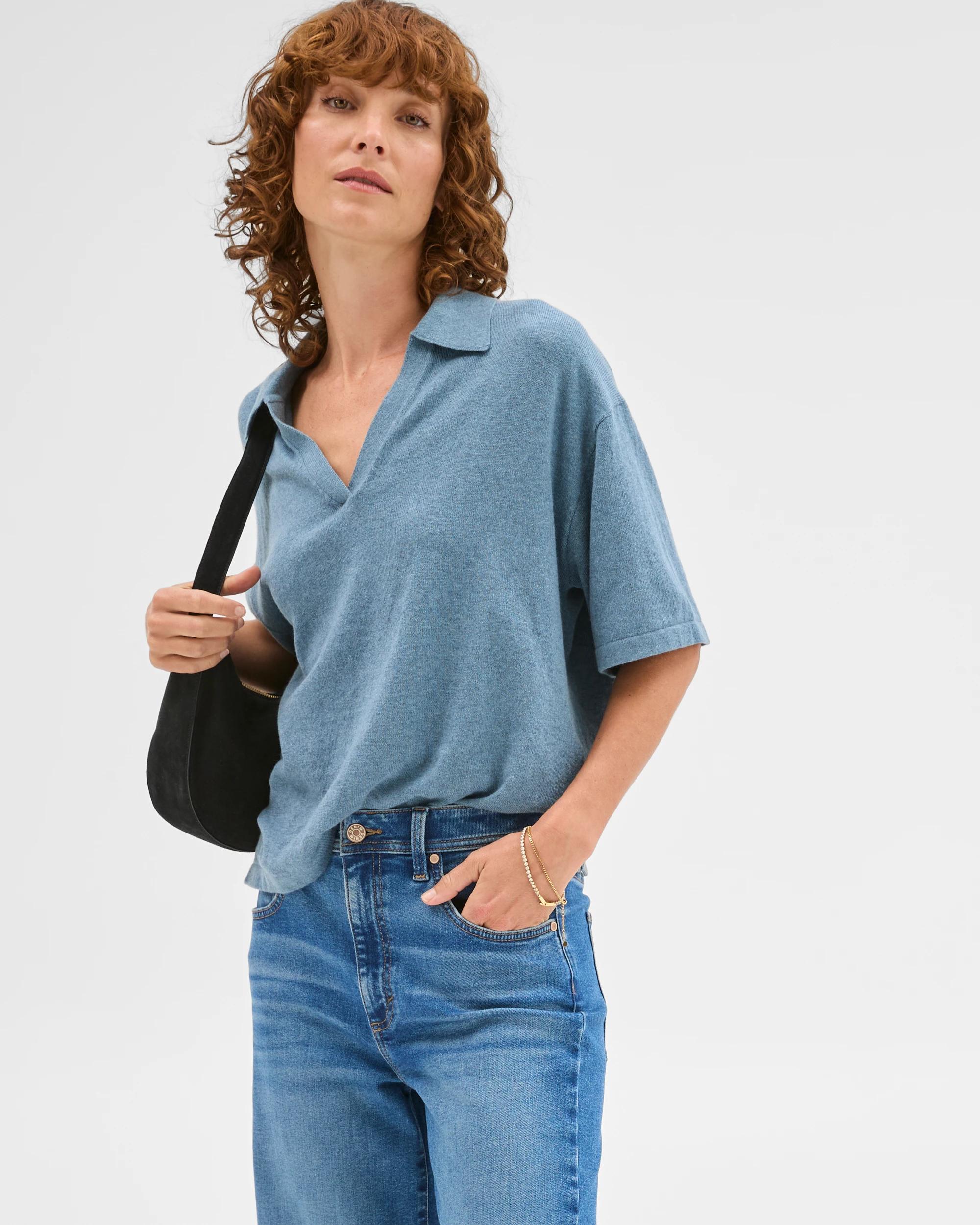 1 Target Woman Australian Cotton Blend Knit Polo Top STEEL BLUE, 1 of 7