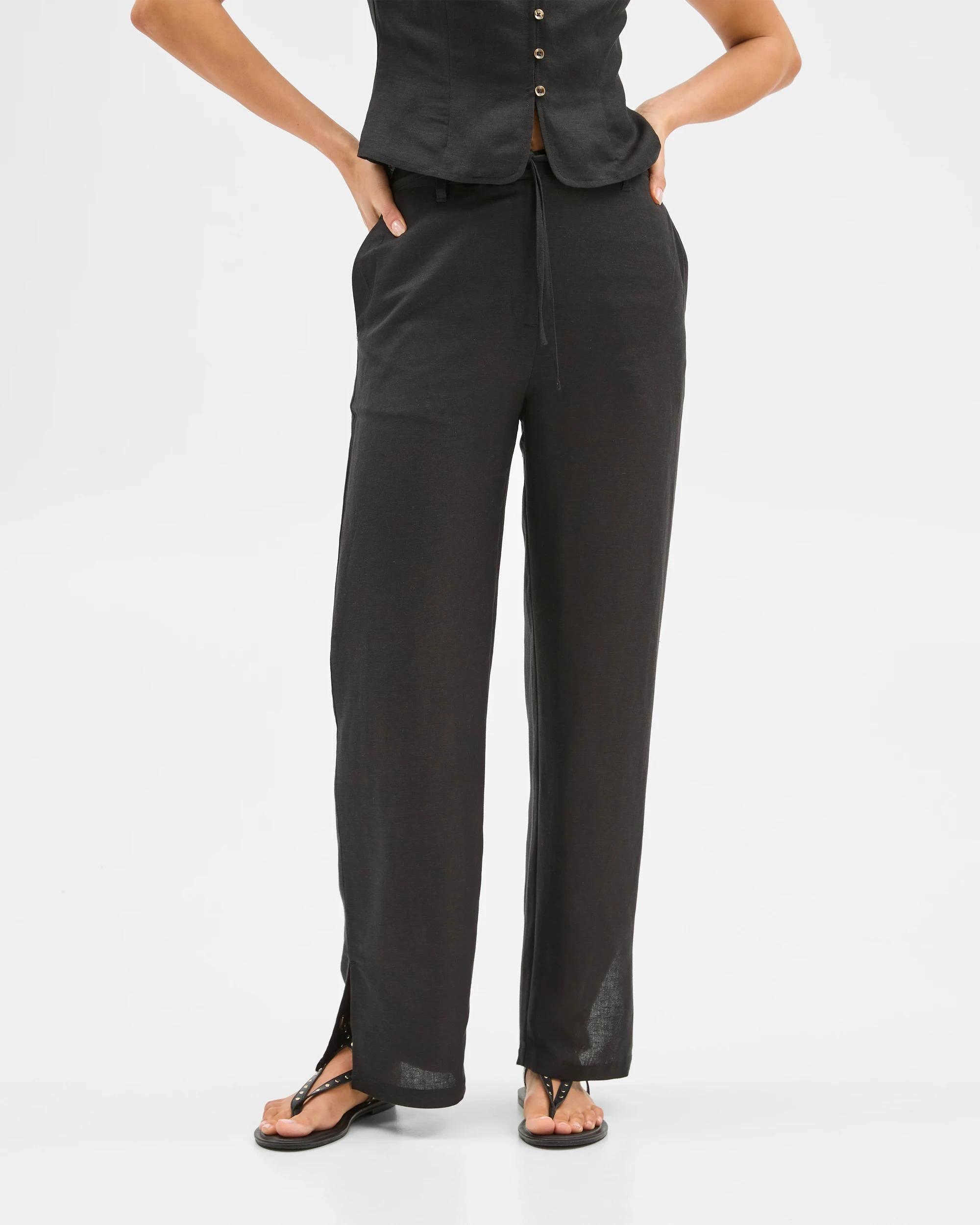 3 European Linen Blend Tie Detail Pants - Lily Loves BLACK, 3 of 7