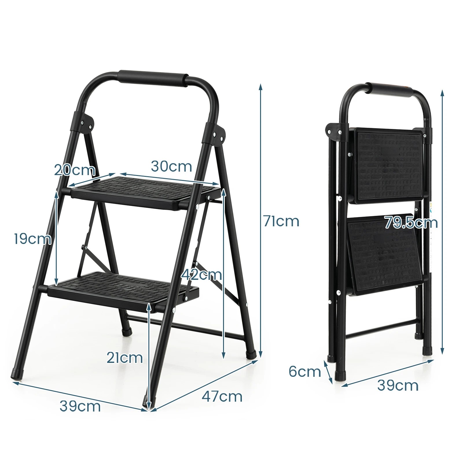 2 Costway 2-Step Folding Ladder Portable Stool Ladders 265kg Capacity - Black, 2 of 3