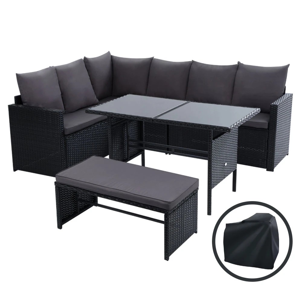 1 Gardeon Outdoor Dining Set Sofa Lounge Setting Chairs Table Bench Cover - Black, 1 of 6