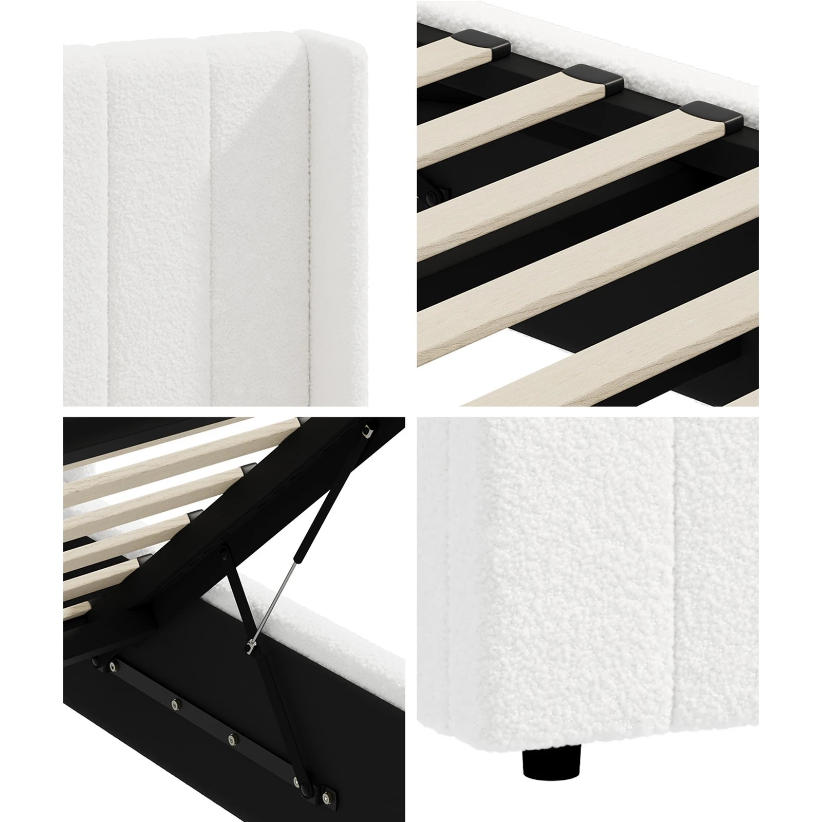 7 Oikiture Bed Frame Double Size Gas Lift Storage Boucle Beds W/ Mattress Set BILY - White, 7 of 8