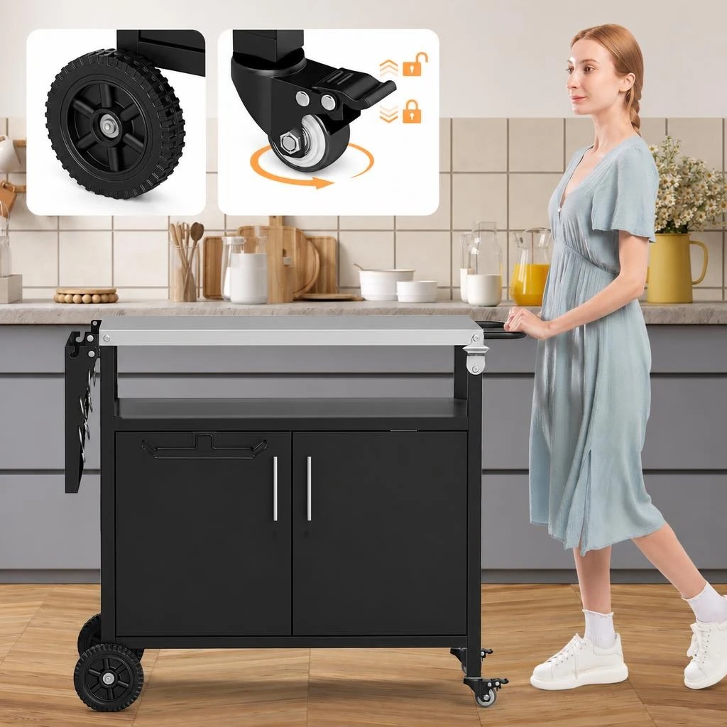 3 Costway Outdoor BBQ Grill Cart 84cm Kitchen Island Trolley Folding Stainless Food Prep Cabinet - Black, 3 of 7