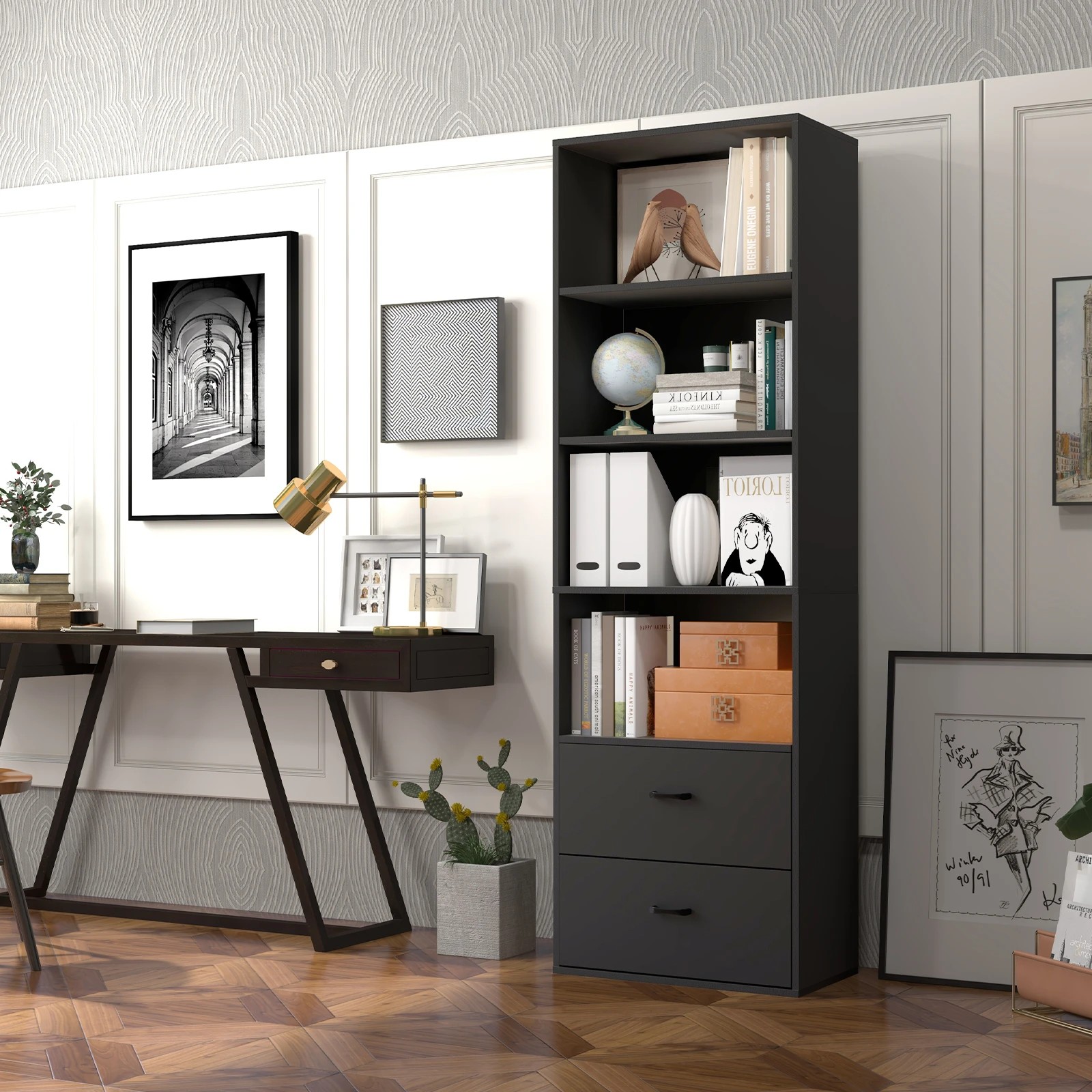 3 Costway 6-Tier Bookshelf w/2 Drawers Modern Bookcase Cube Display Shelf Storage Cabinet - Black, 3 of 5