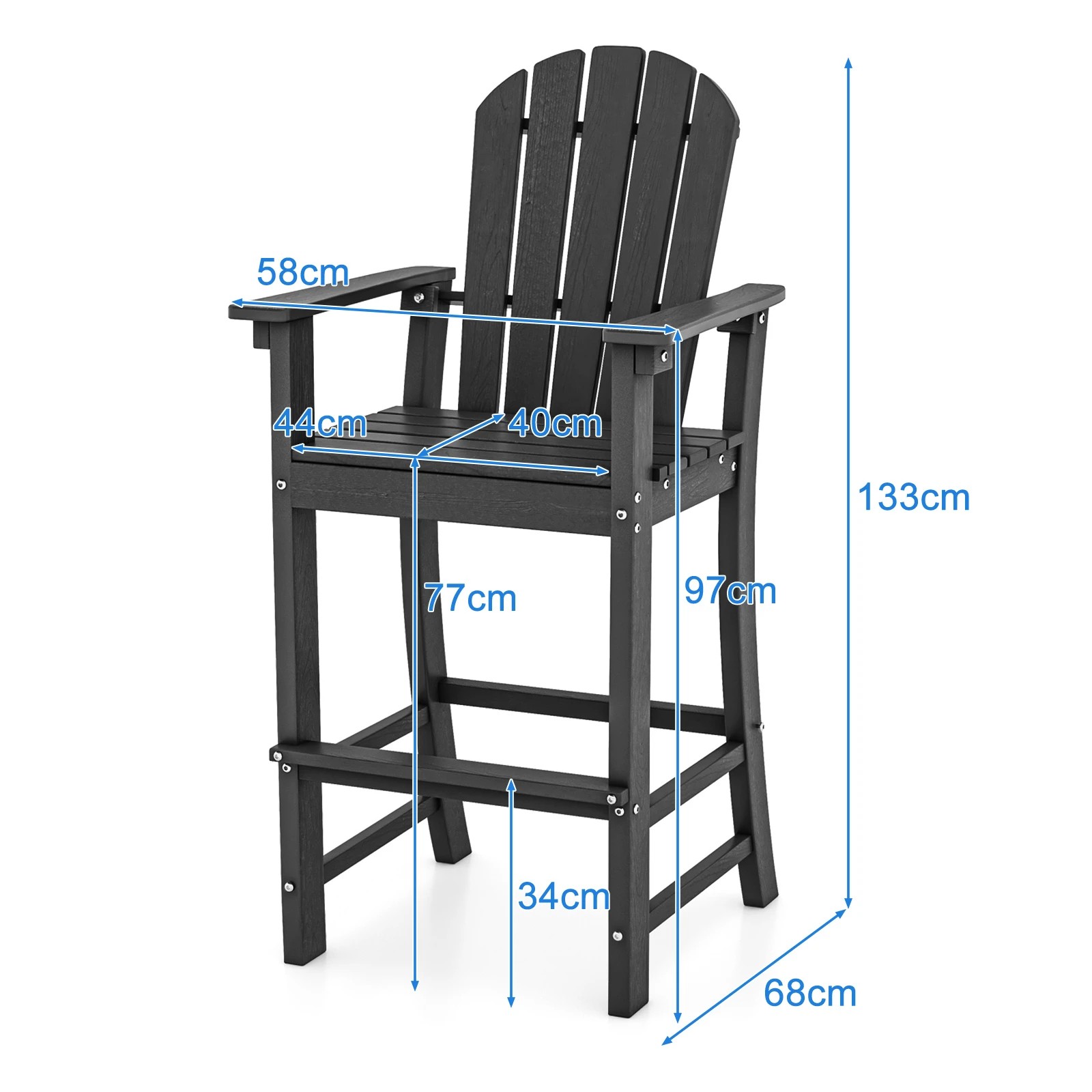 2 Costway 1.33M Tall HDPE Bar Stool Outdoor Adirondack Chair w/Footrest, 2 of 3