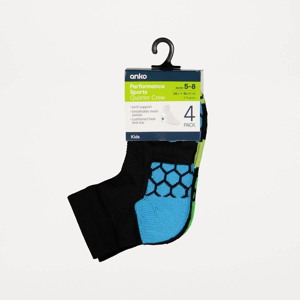 3 4 Pack Active Kids Performance Quarter Crew Socks BLACK NEON, 3 of 3
