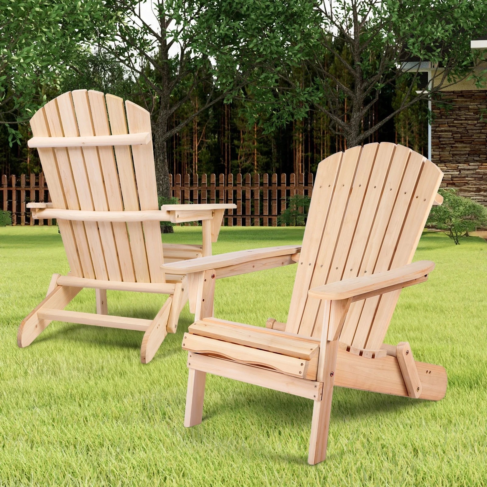 2 Alfordson 2x Outdoor Chairs Wooden Adirondack Patio Furniture Beach Garden - Natural, 2 of 9