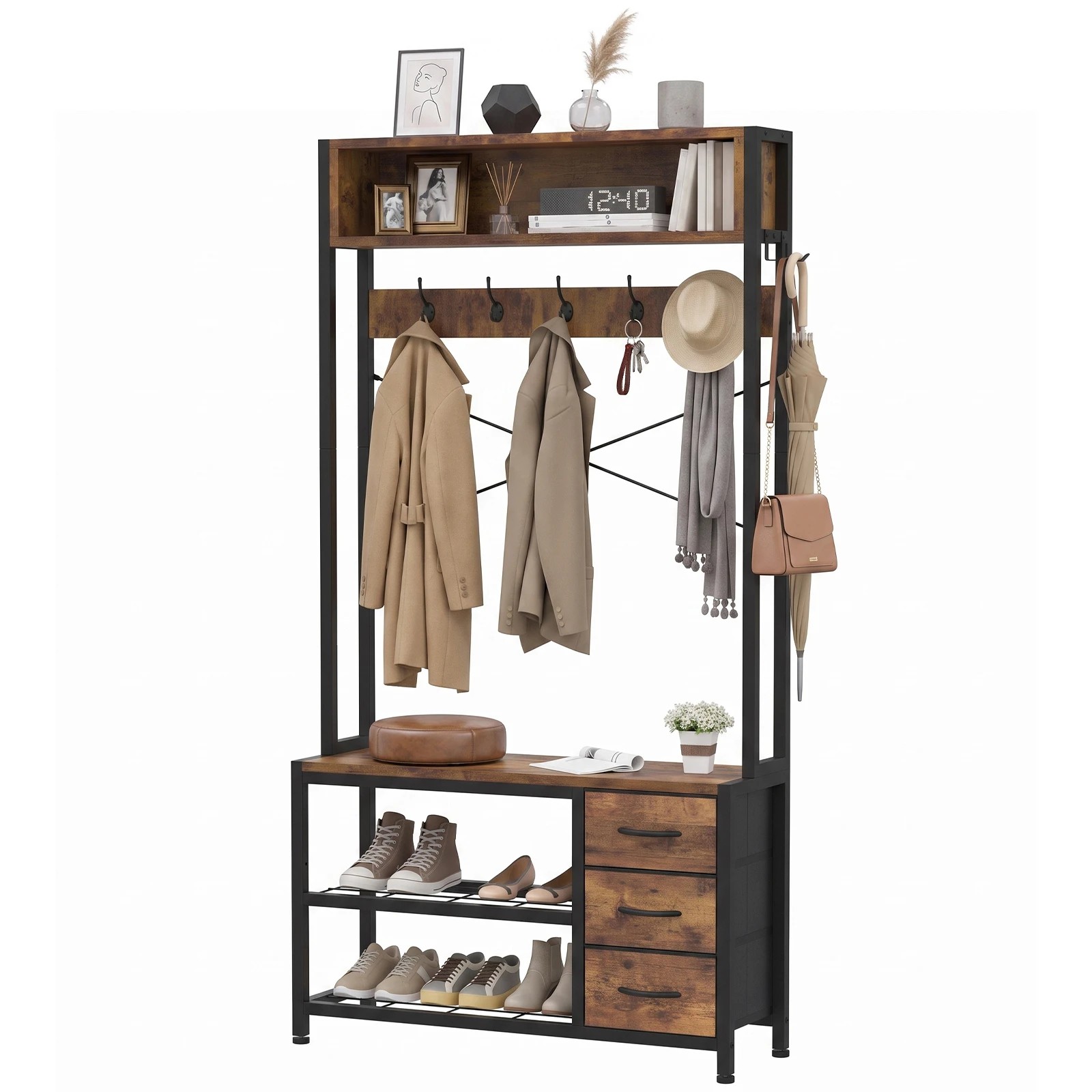 1 Advwin Entryway Coat Rack with Storage Bench 2-Tier Shoe Rack - Brown, 1 of 9