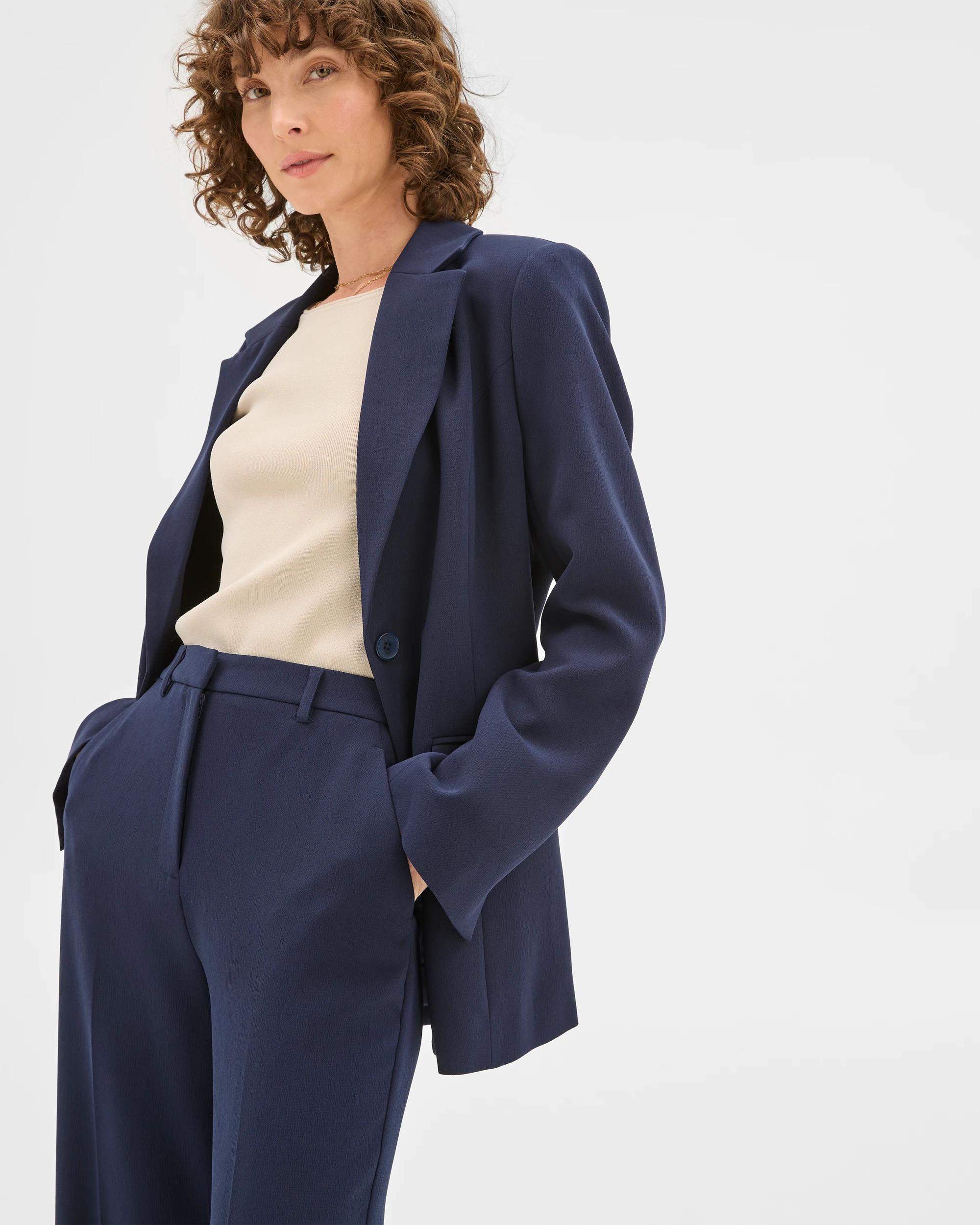 3 Crepe Tailored Single Breasted Cinched Waist Blazer - Preview NAVY BLUE, 3 of 7
