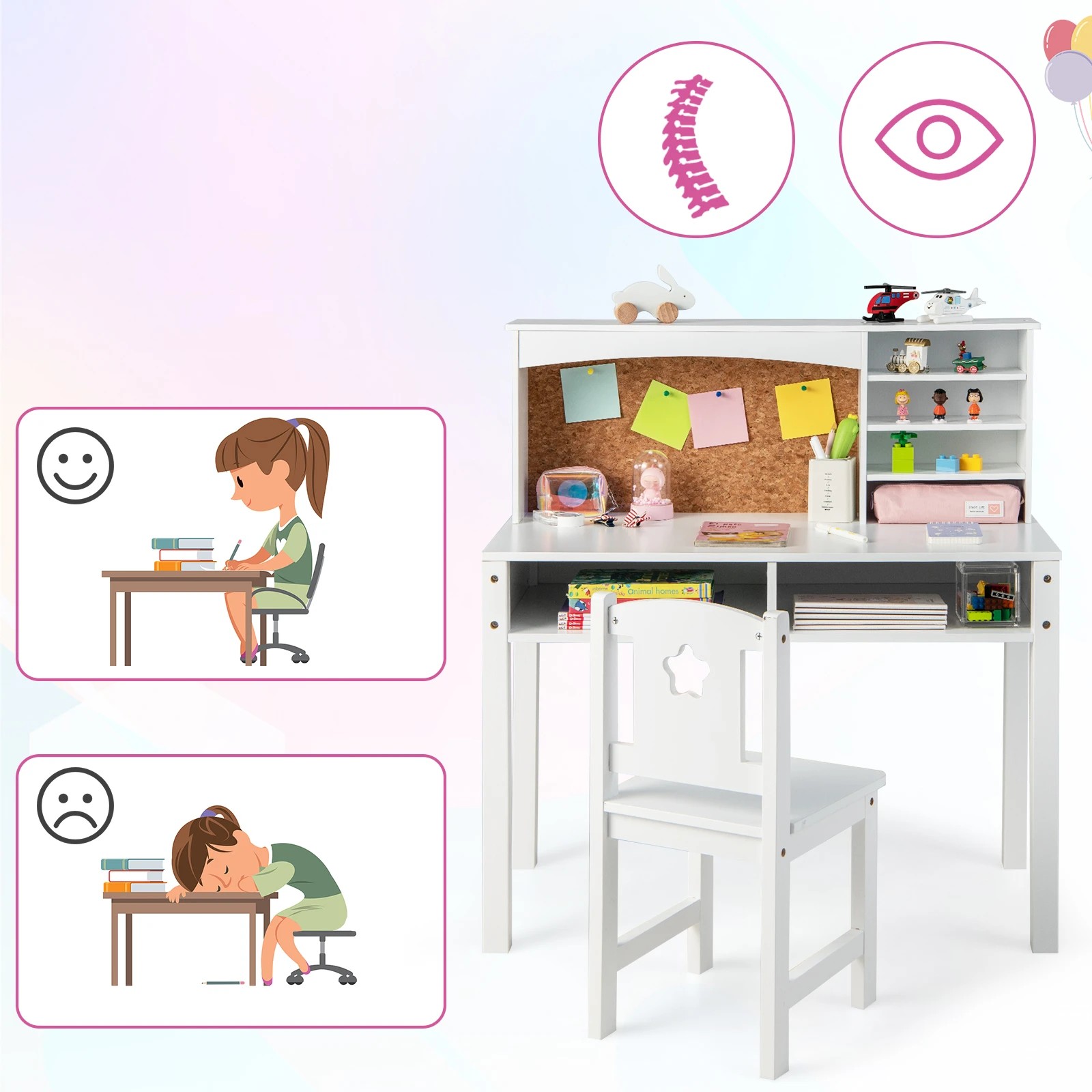 5 Costway Kids Desk & Chair Set Wood Study Table w/Bulletin Board White, 5 of 5