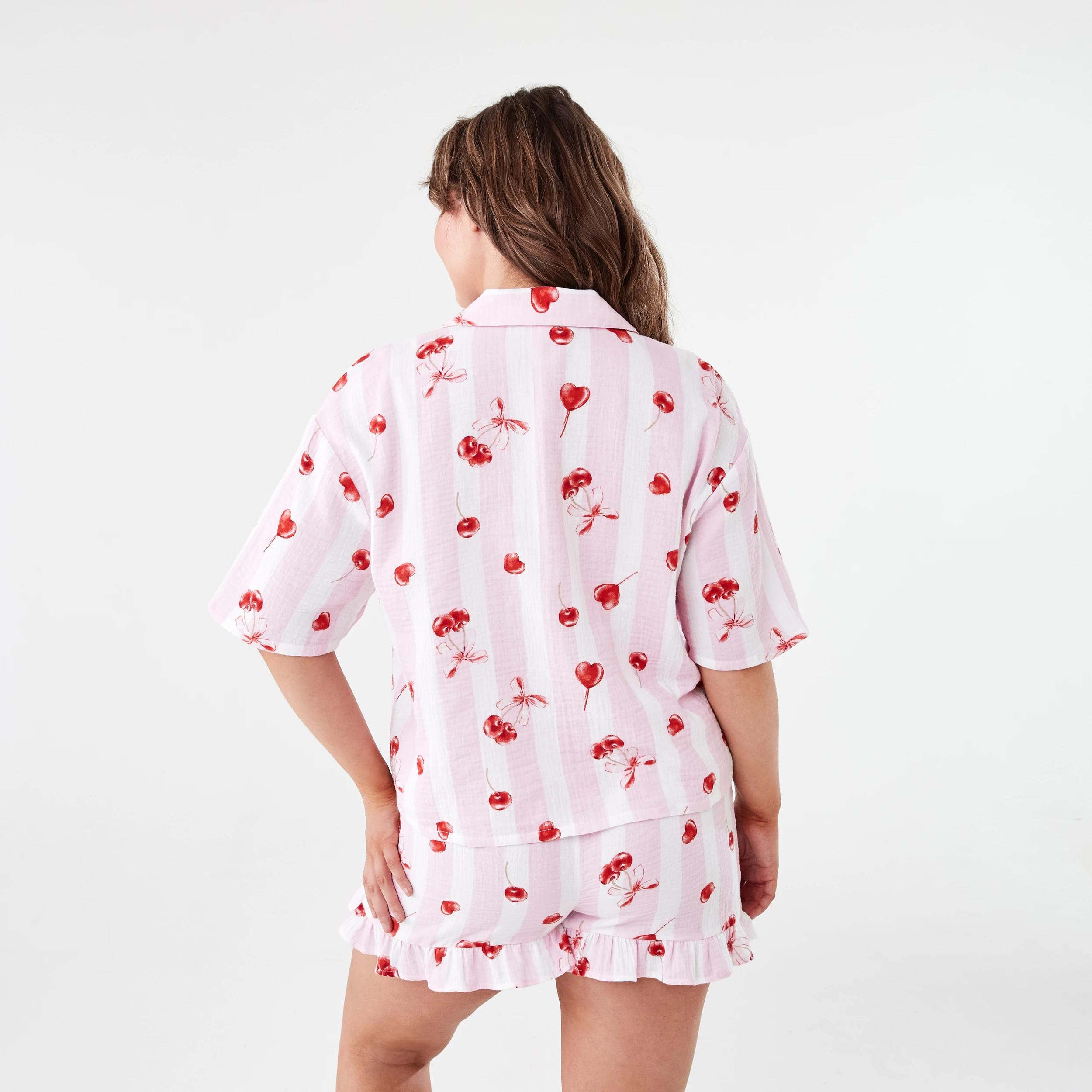 3 Short Sleeve Top and Shorts Double Cloth Frill Boxy Pyjama Set Cherry Str, 3 of 7